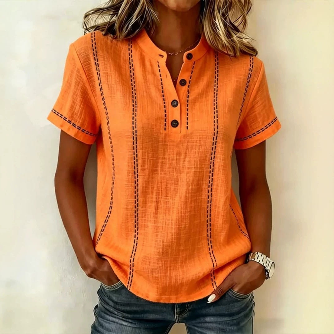 Summer Striped Short-Sleeve Shirts Casual Stand-Collar V-neck Button Blouse Womens Clothing