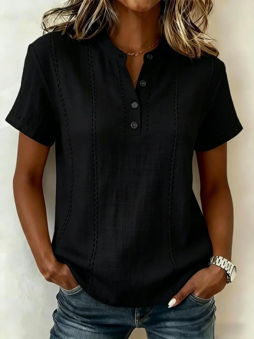Summer Striped Short-Sleeve Shirts Casual Stand-Collar V-neck Button Blouse Womens Clothing