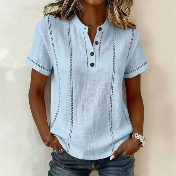 Summer Striped Short-Sleeve Shirts Casual Stand-Collar V-neck Button Blouse Womens Clothing