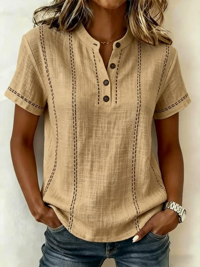 Summer Striped Short-Sleeve Shirts Casual Stand-Collar V-neck Button Blouse Womens Clothing