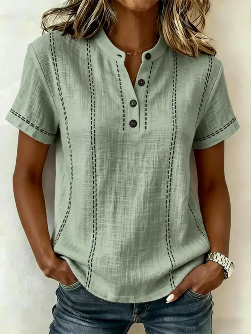 Summer Striped Short-Sleeve Shirts Casual Stand-Collar V-neck Button Blouse Womens Clothing