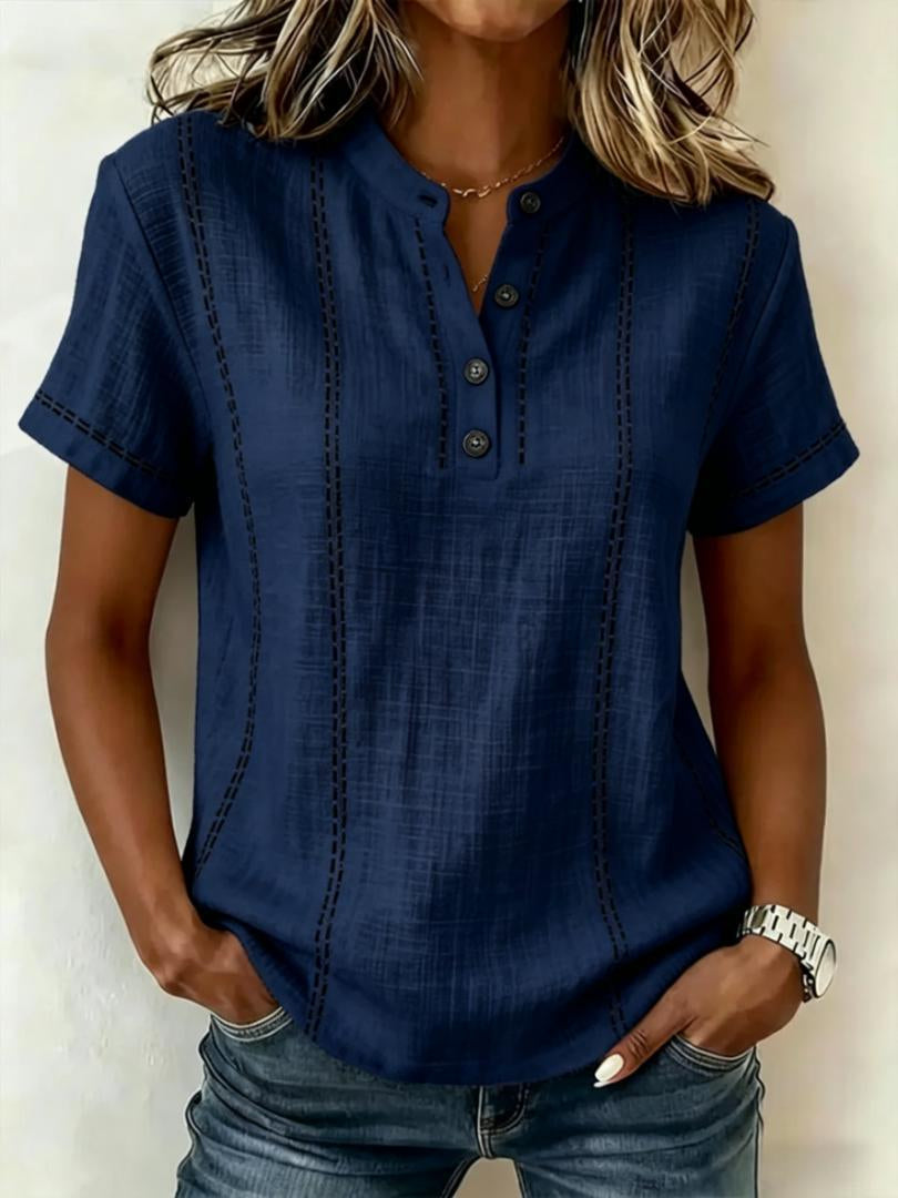 Summer Striped Short-Sleeve Shirts Casual Stand-Collar V-neck Button Blouse Womens Clothing