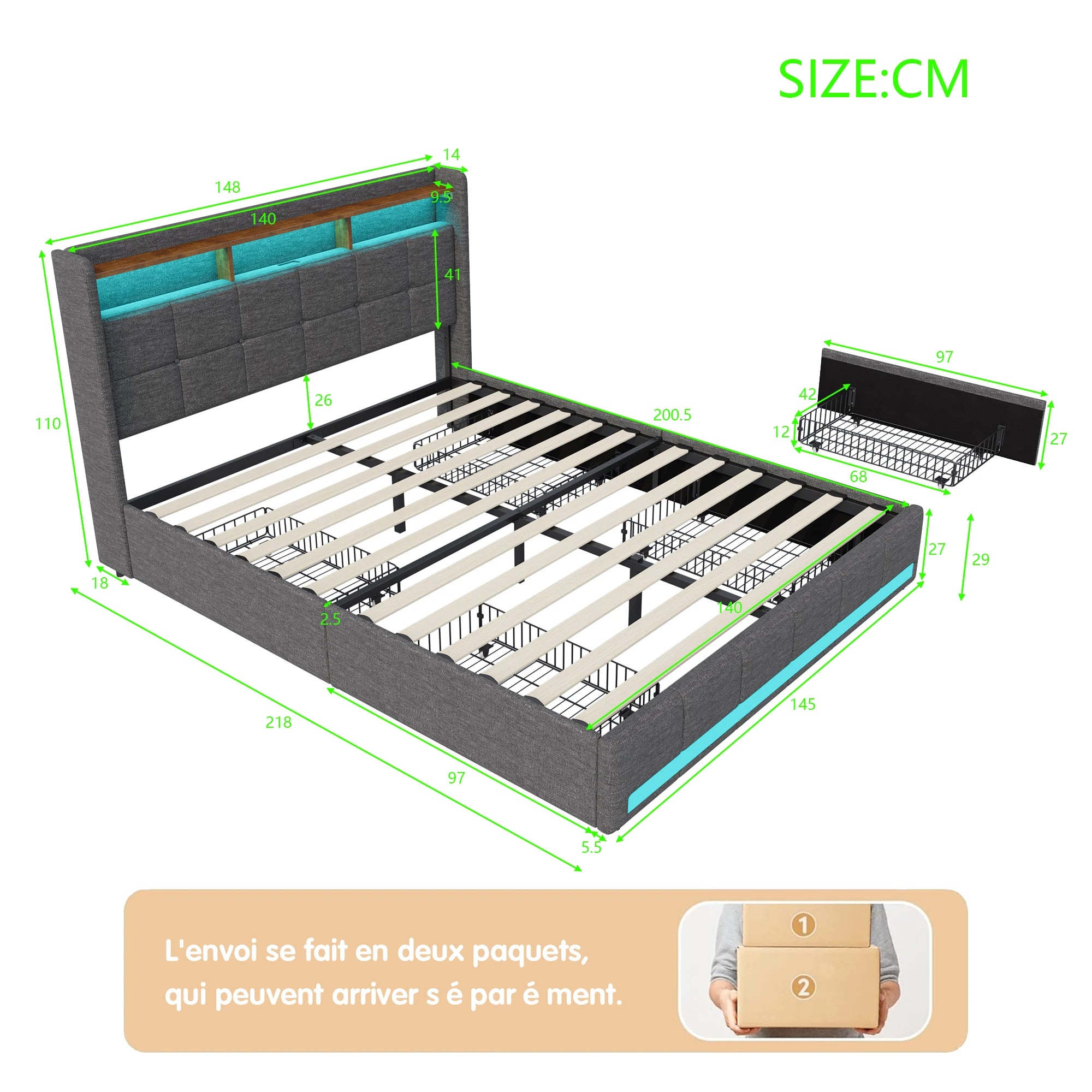Double bed with led Storage, padded bed with padded headboard with trunk trunk trunk with 4 drawers