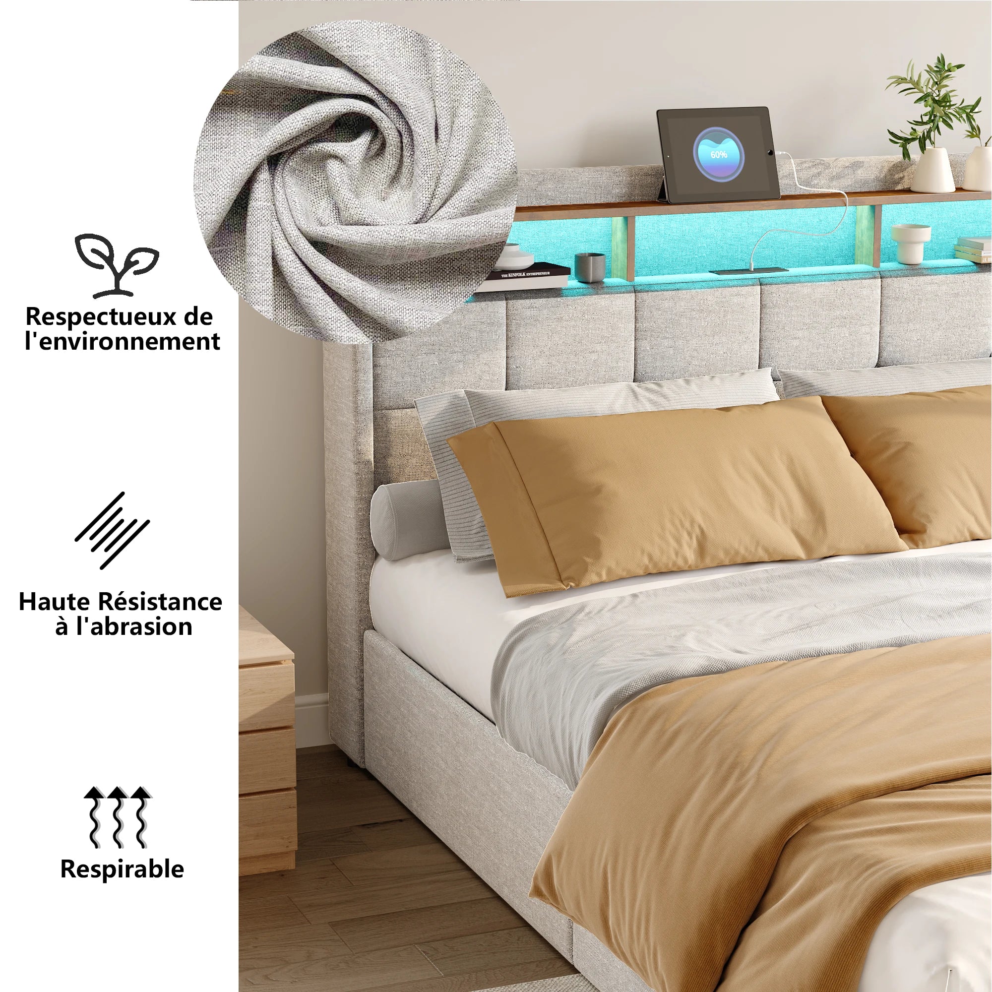 Double bed with led Storage, padded bed with padded headboard with trunk trunk trunk with 4 drawers