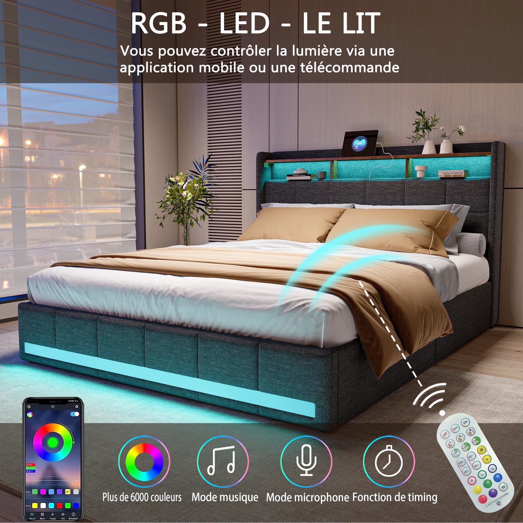 Double bed with led Storage, padded bed with padded headboard with trunk trunk trunk with 4 drawers