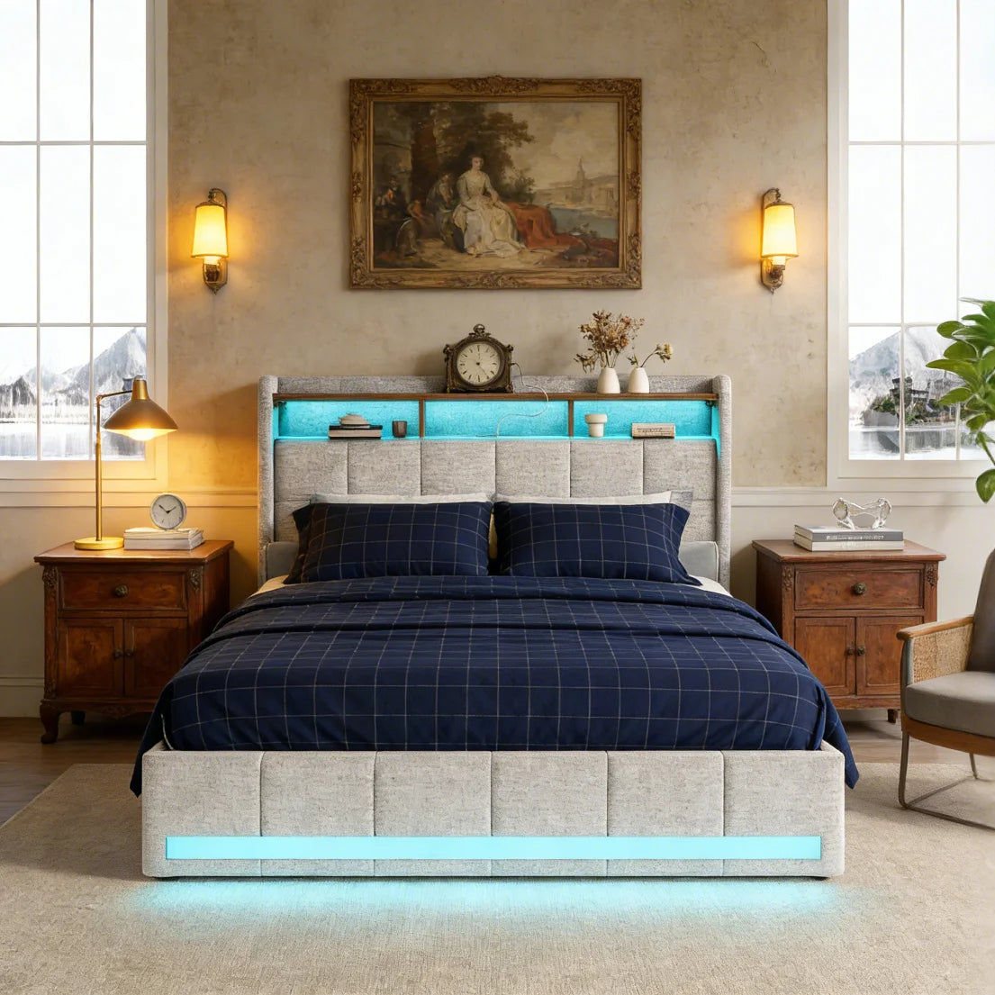 Double bed with led Storage, padded bed with padded headboard with trunk trunk trunk with 4 drawers