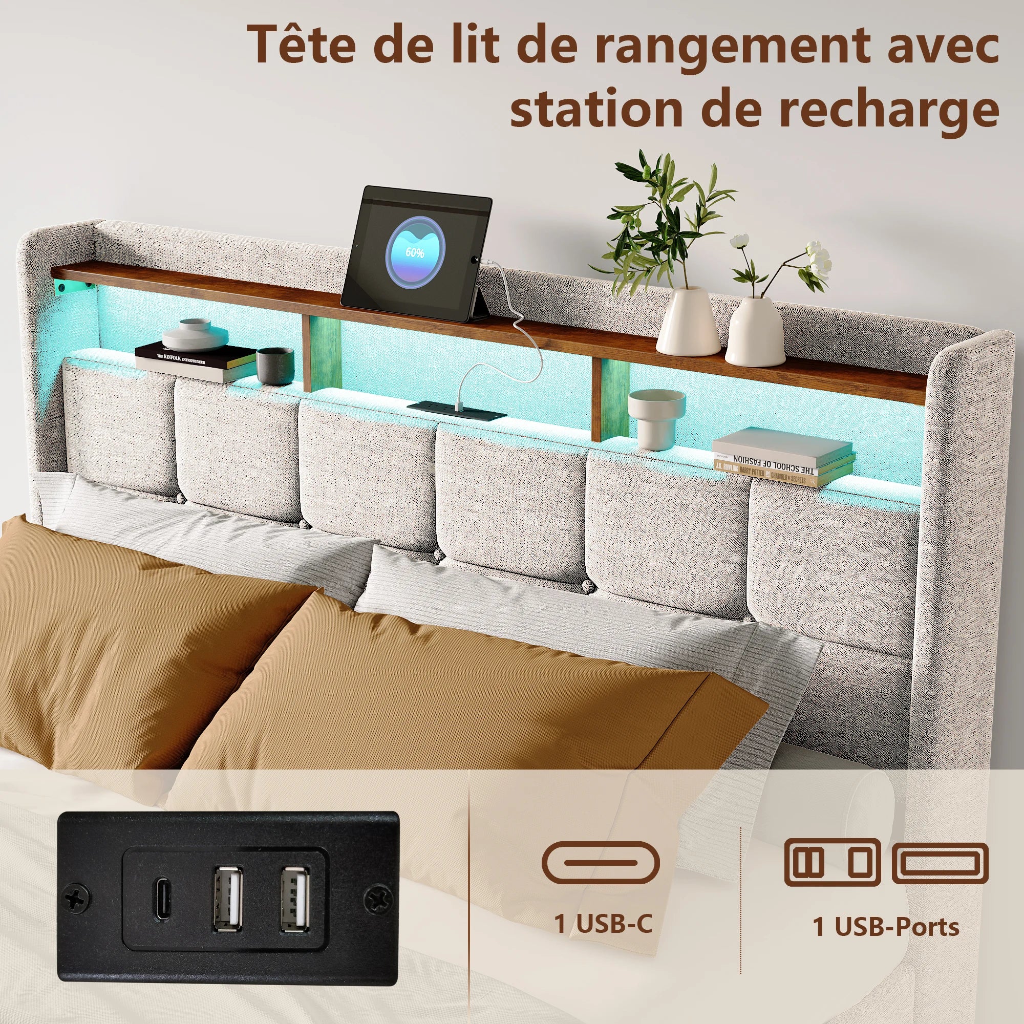 Double bed with led Storage, padded bed with padded headboard with trunk trunk trunk with 4 drawers