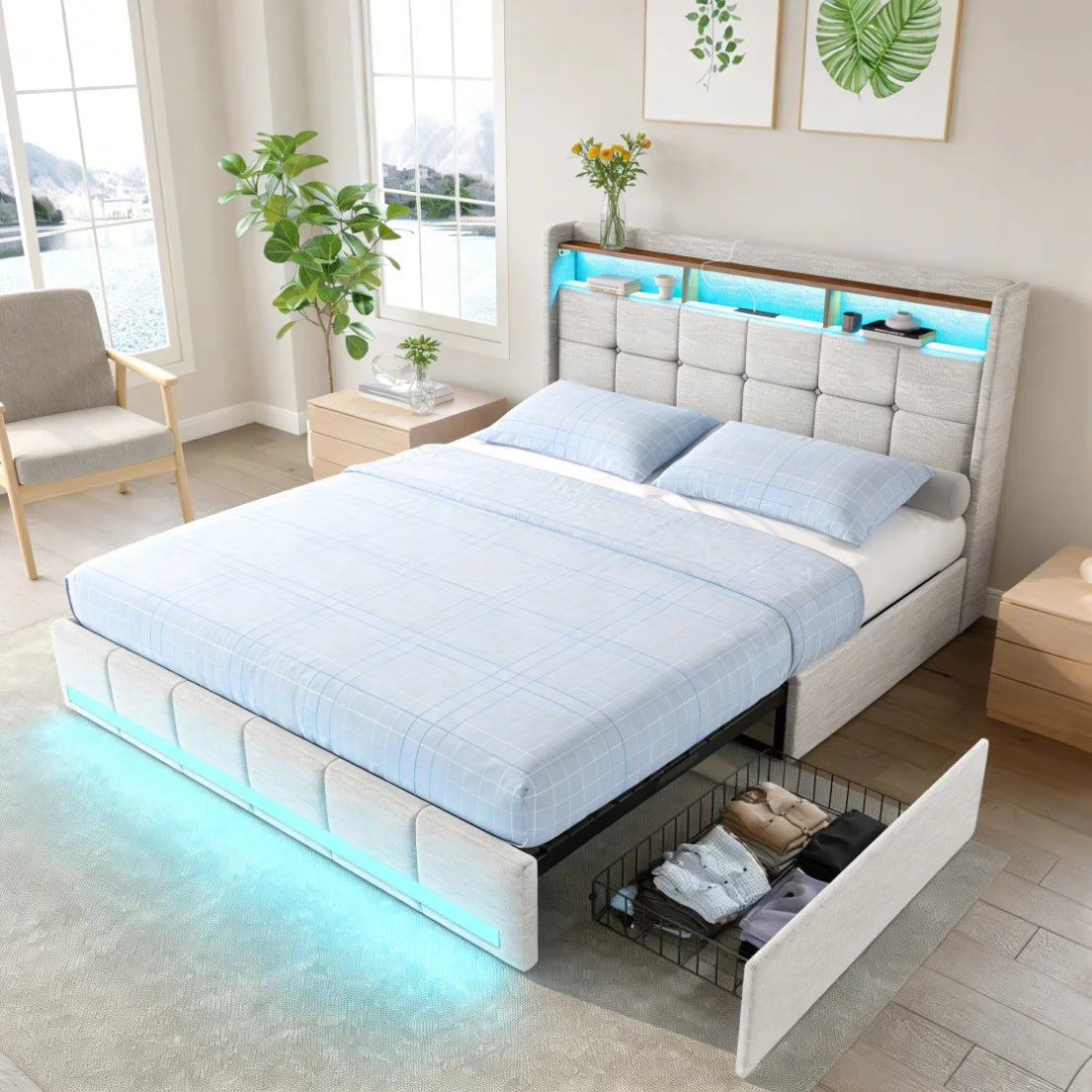 Double bed with led Storage, padded bed with padded headboard with trunk trunk trunk with 4 drawers