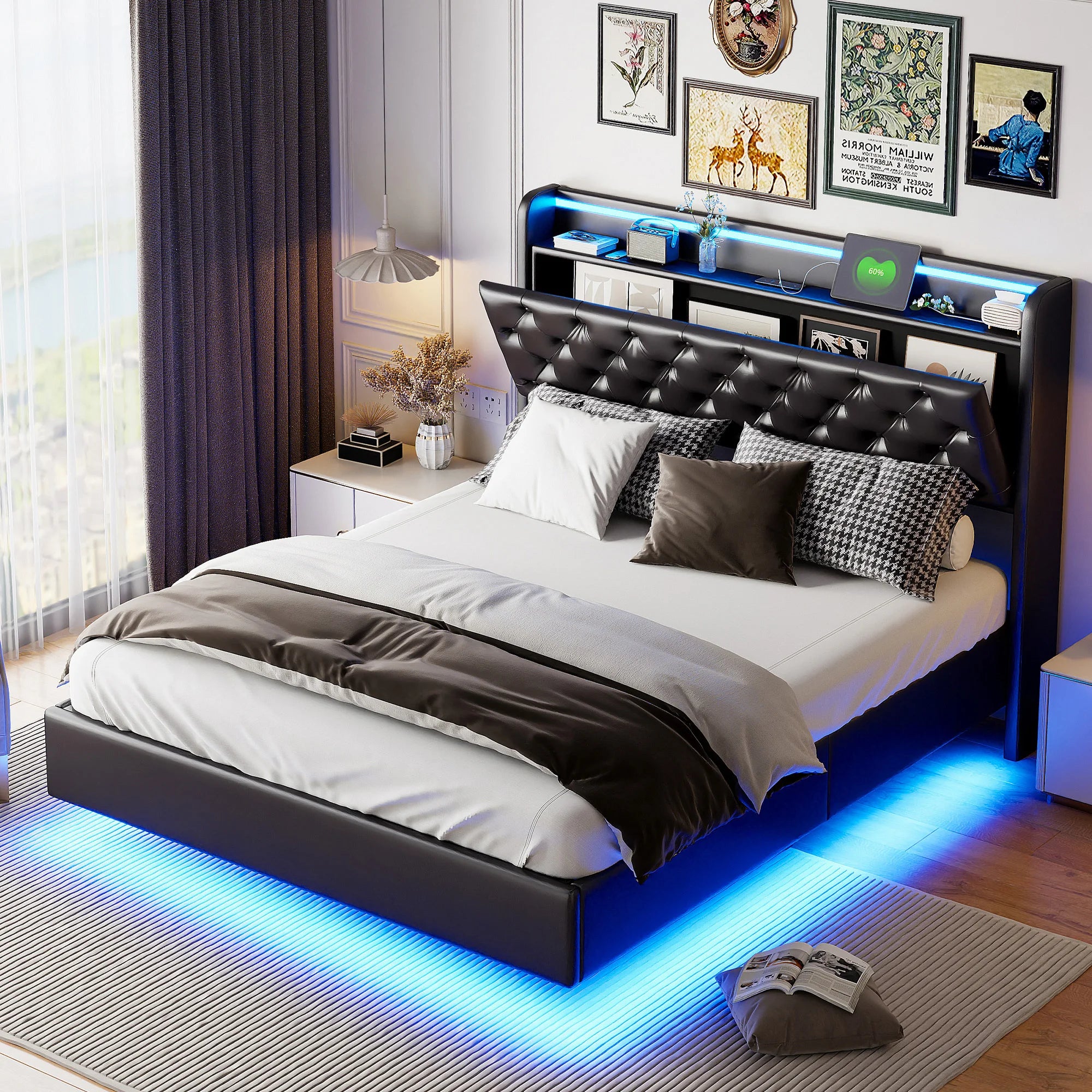 Floating Bed 160x200 cm Upholstered Bed Frame with Storage Box, Double Bed with LED Lights and Charging Station, Hydraulic Lift Storage Bed with Slats, Headboard Storage Shelves, PU Leather Black Platform Bed No Mattre