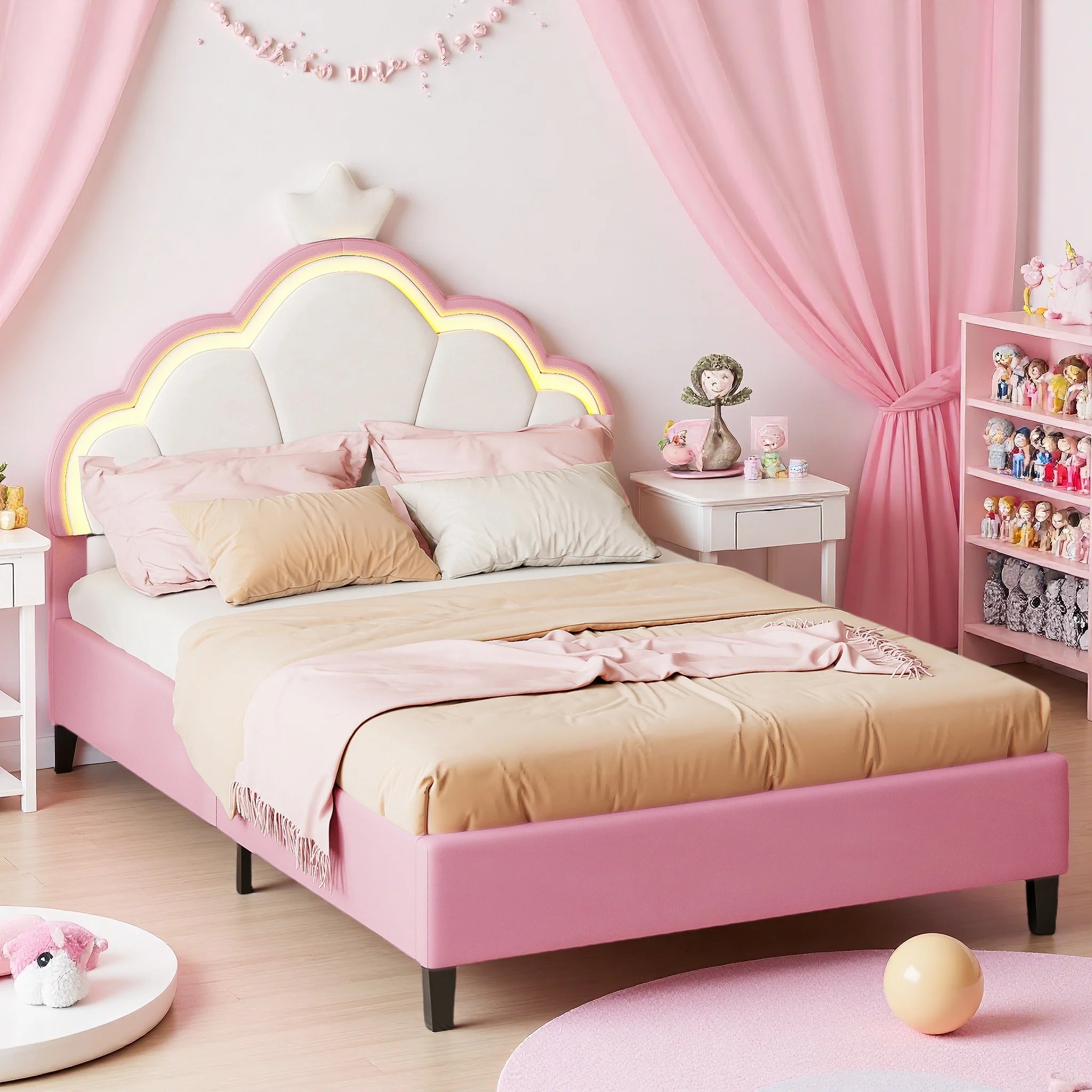 Children's bed 90x200 cm, Princess Crown-shaped bed with Adjustable bed Head, Girl bed with LED, Single bed, Pink