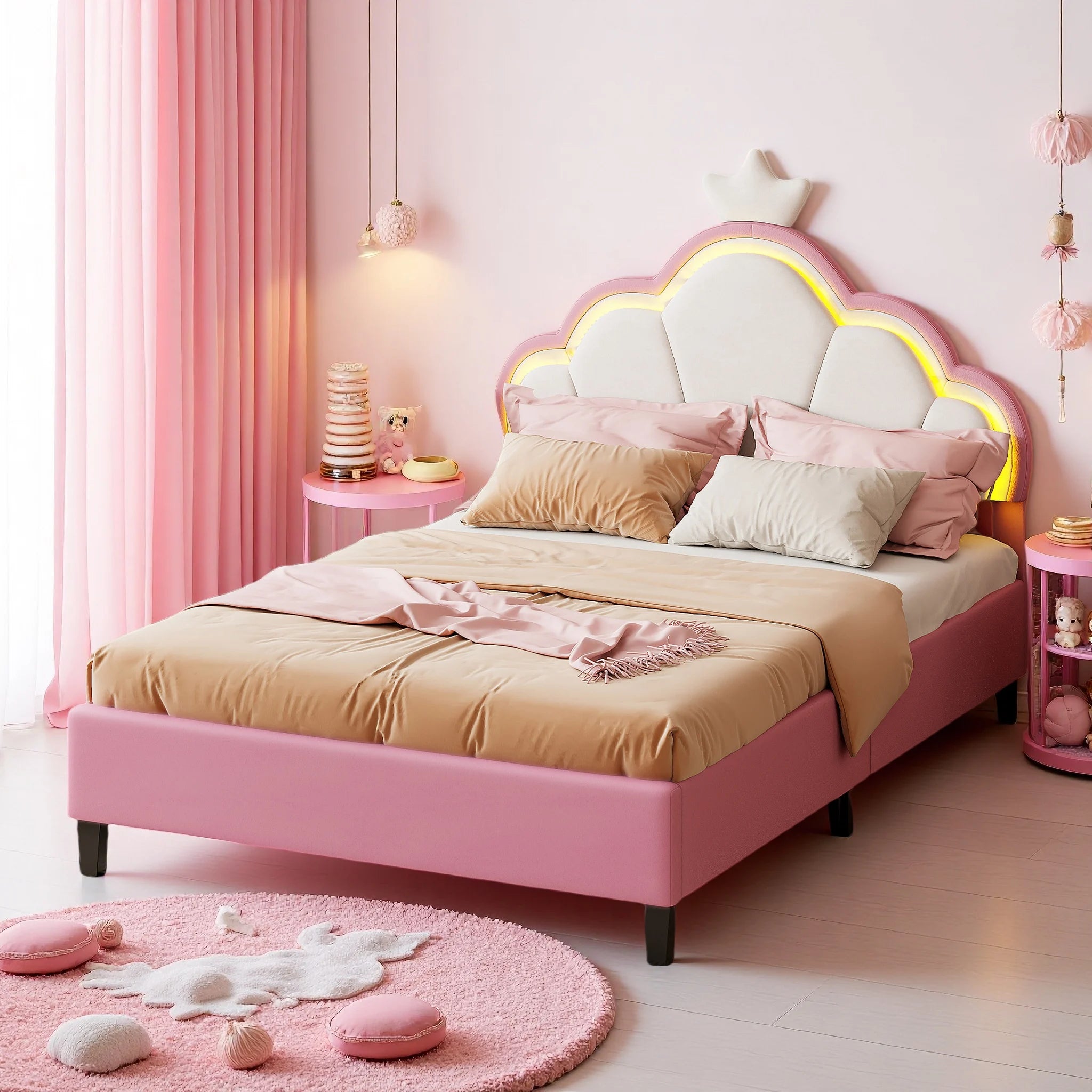 Children's bed 90x200 cm, Princess Crown-shaped bed with Adjustable bed Head, Girl bed with LED, Single bed, Pink