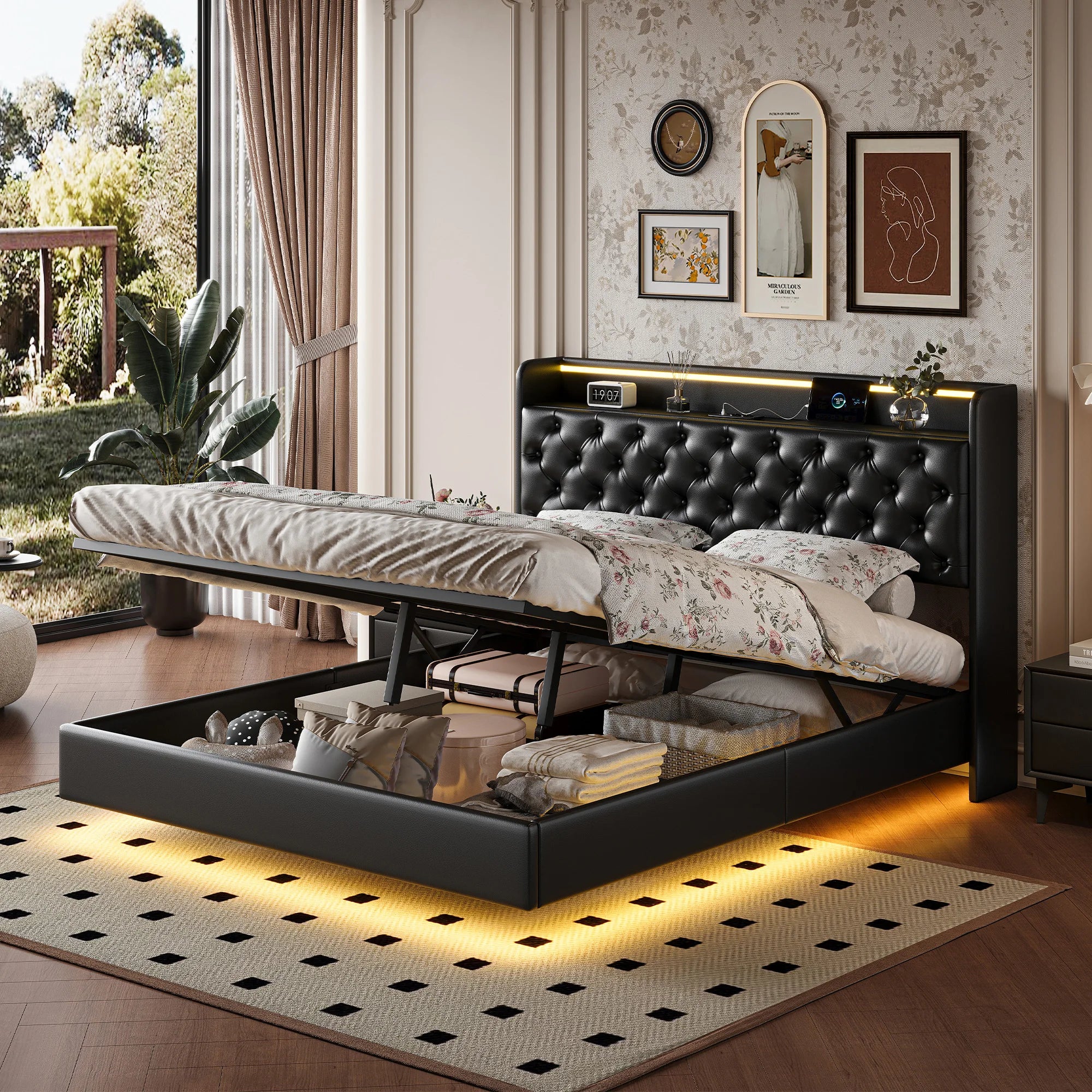 Floating Bed 160x200 cm Upholstered Bed Frame with Storage Box, Double Bed with LED Lights and Charging Station, Hydraulic Lift Storage Bed with Slats, Headboard Storage Shelves, PU Leather Black Platform Bed No Mattre