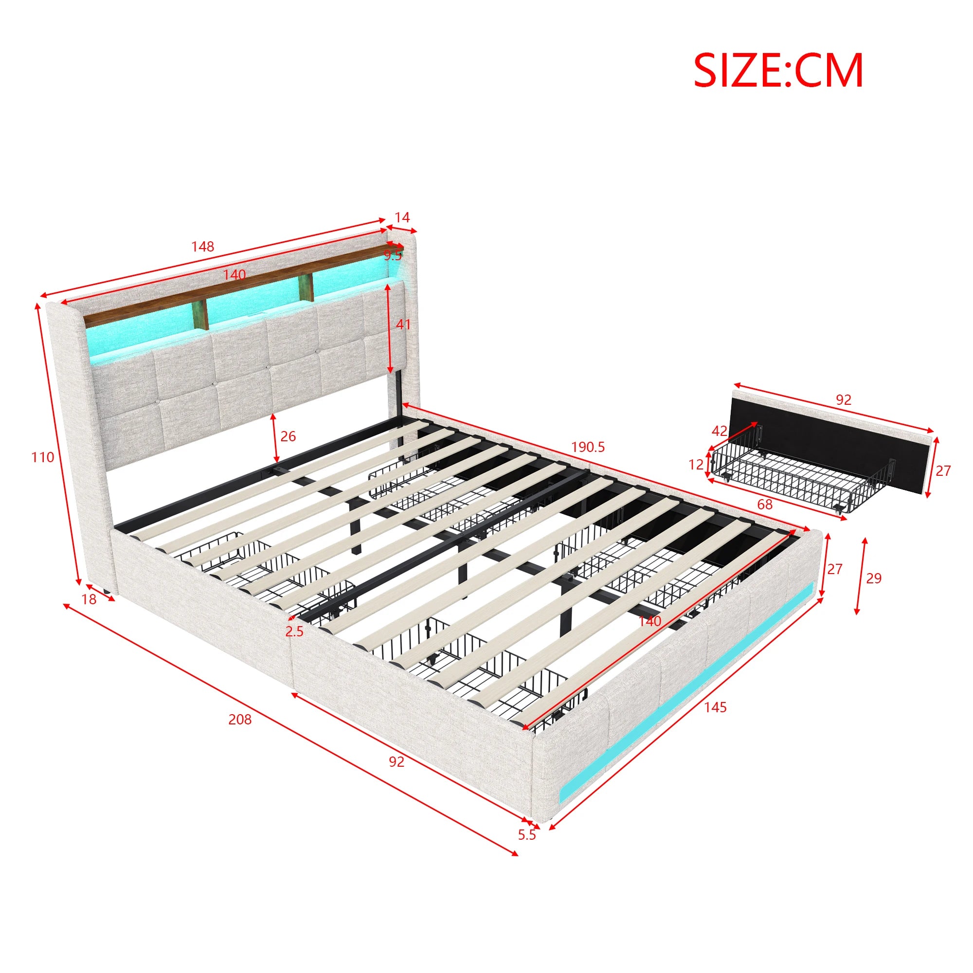 Double bed with led Storage, padded bed with padded headboard with trunk trunk trunk with 4 drawers