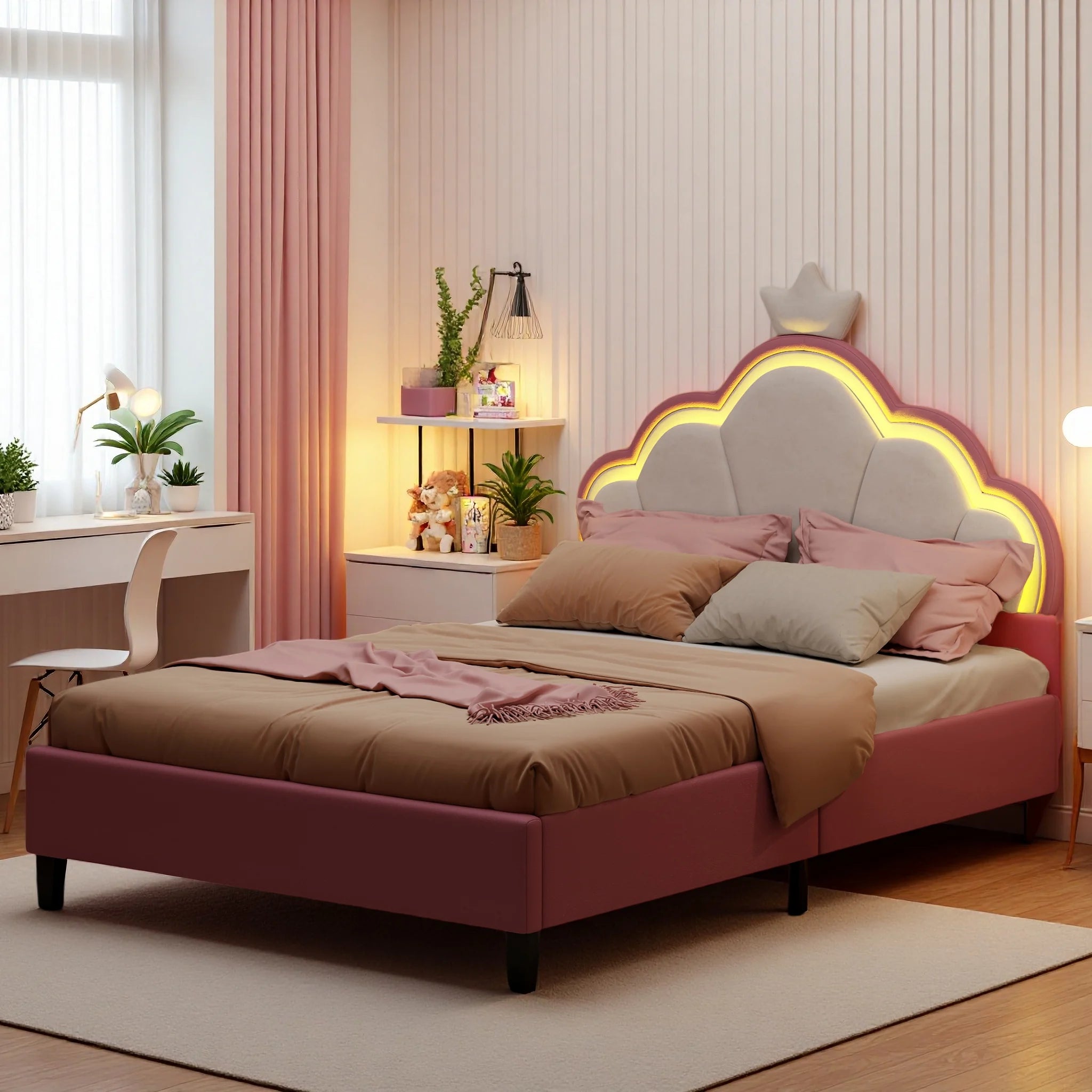 Children's bed 90x200 cm, Princess Crown-shaped bed with Adjustable bed Head, Girl bed with LED, Single bed, Pink