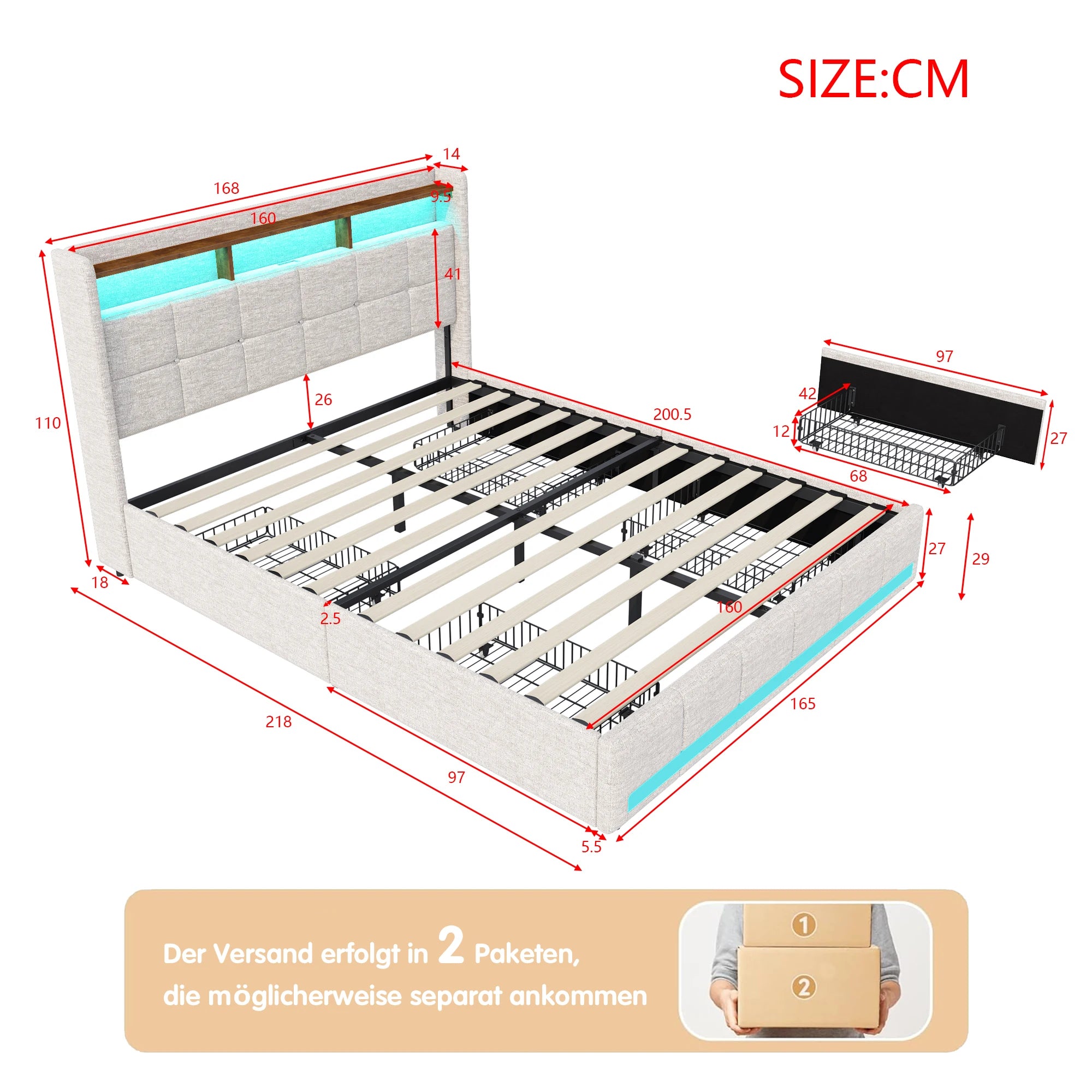 Double bed with led Storage, padded bed with padded headboard with trunk trunk trunk with 4 drawers