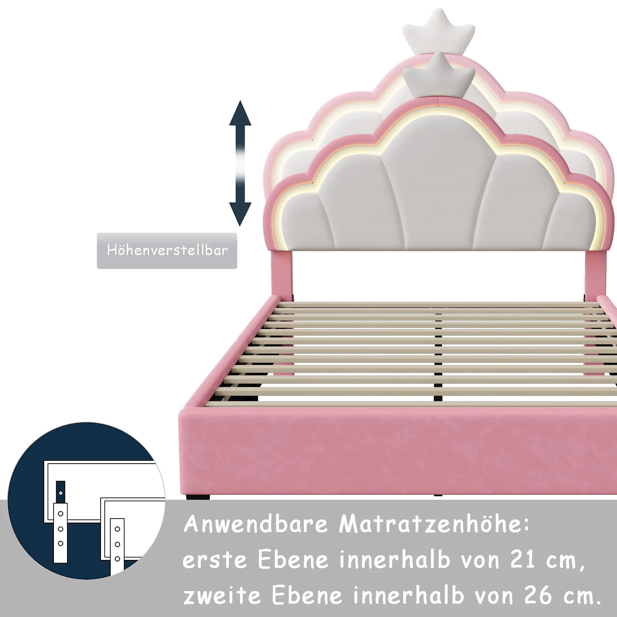 Children's bed 90x200 cm, Princess Crown-shaped bed with Adjustable bed Head, Girl bed with LED, Single bed, Pink