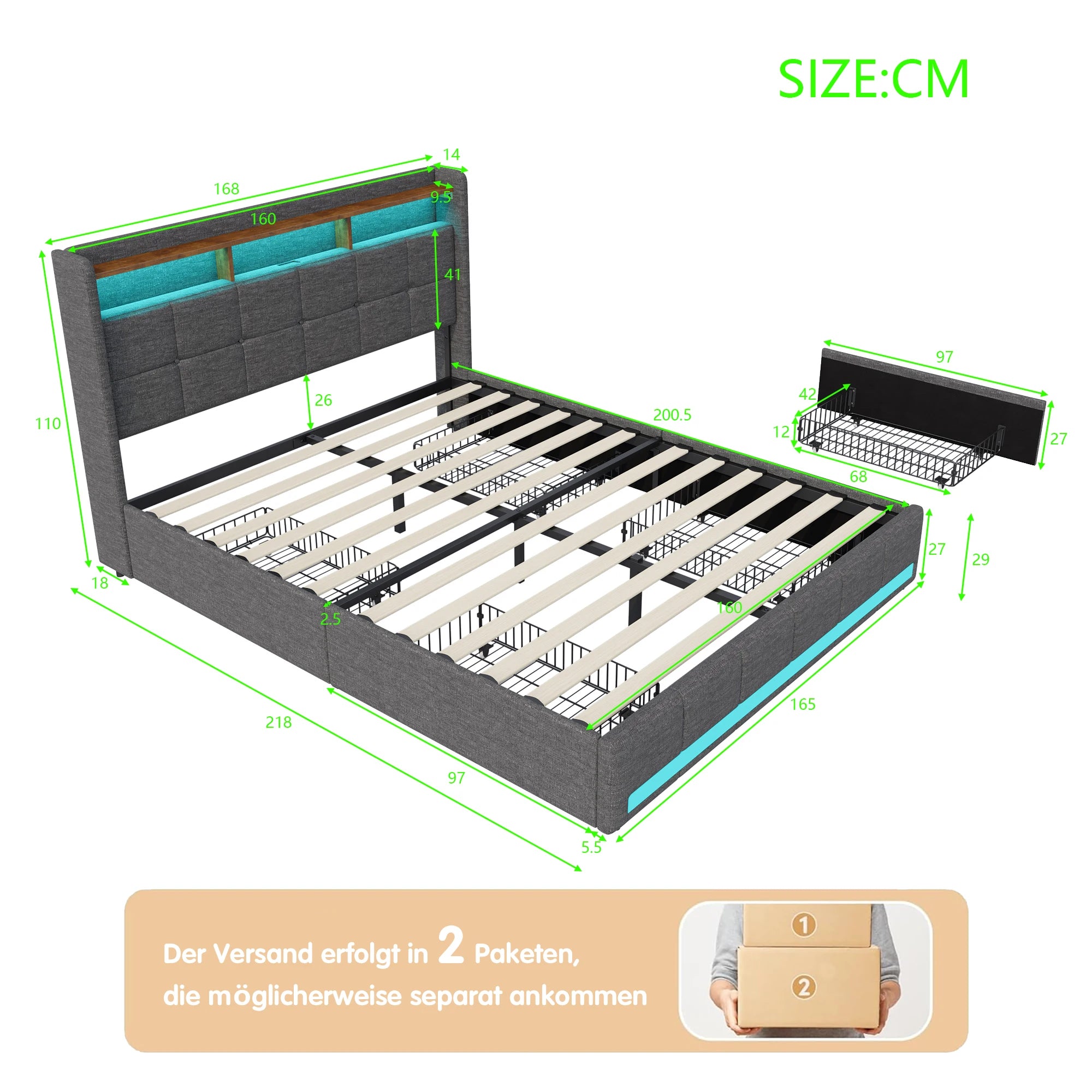 Double bed with led Storage, padded bed with padded headboard with trunk trunk trunk with 4 drawers