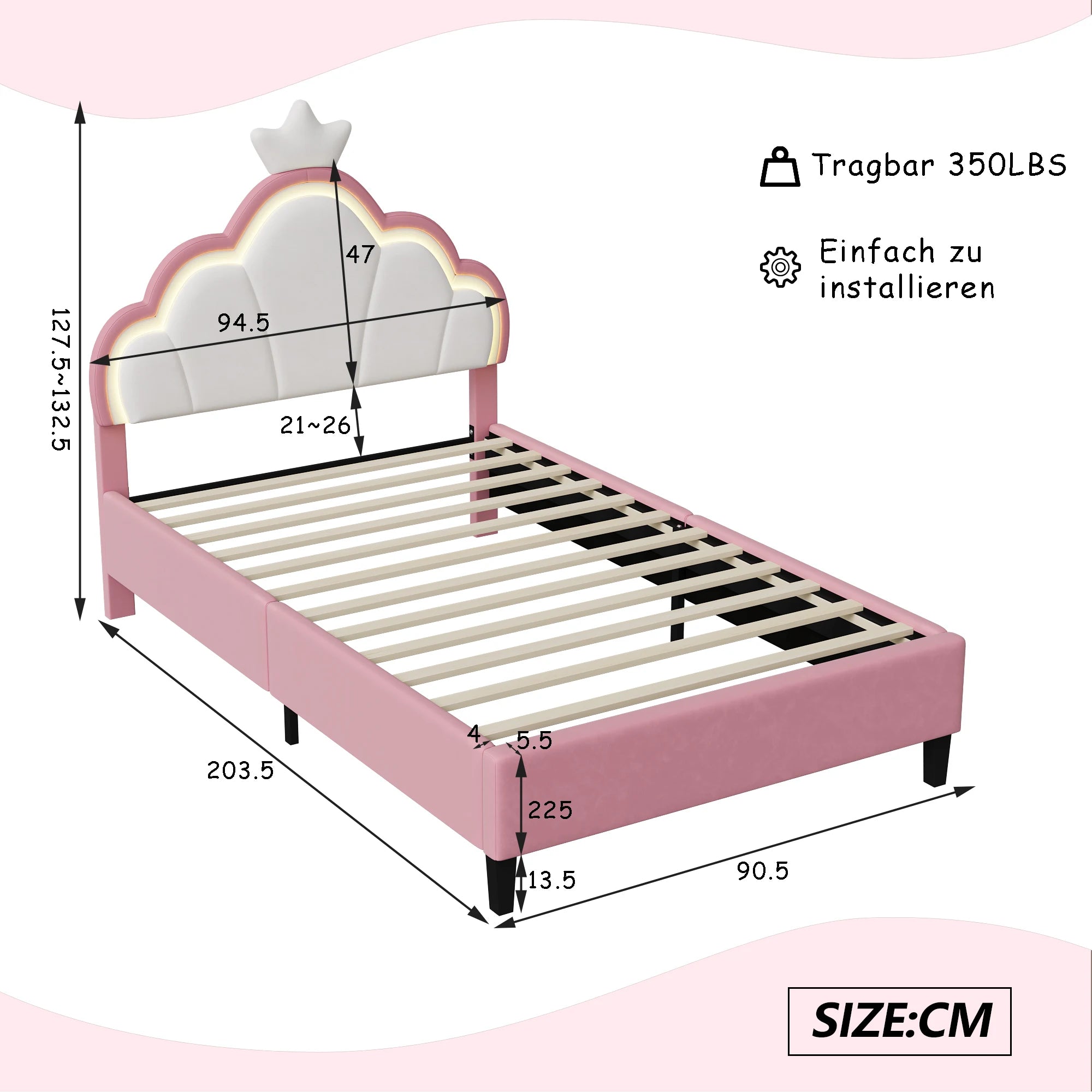 Children's bed 90x200 cm, Princess Crown-shaped bed with Adjustable bed Head, Girl bed with LED, Single bed, Pink