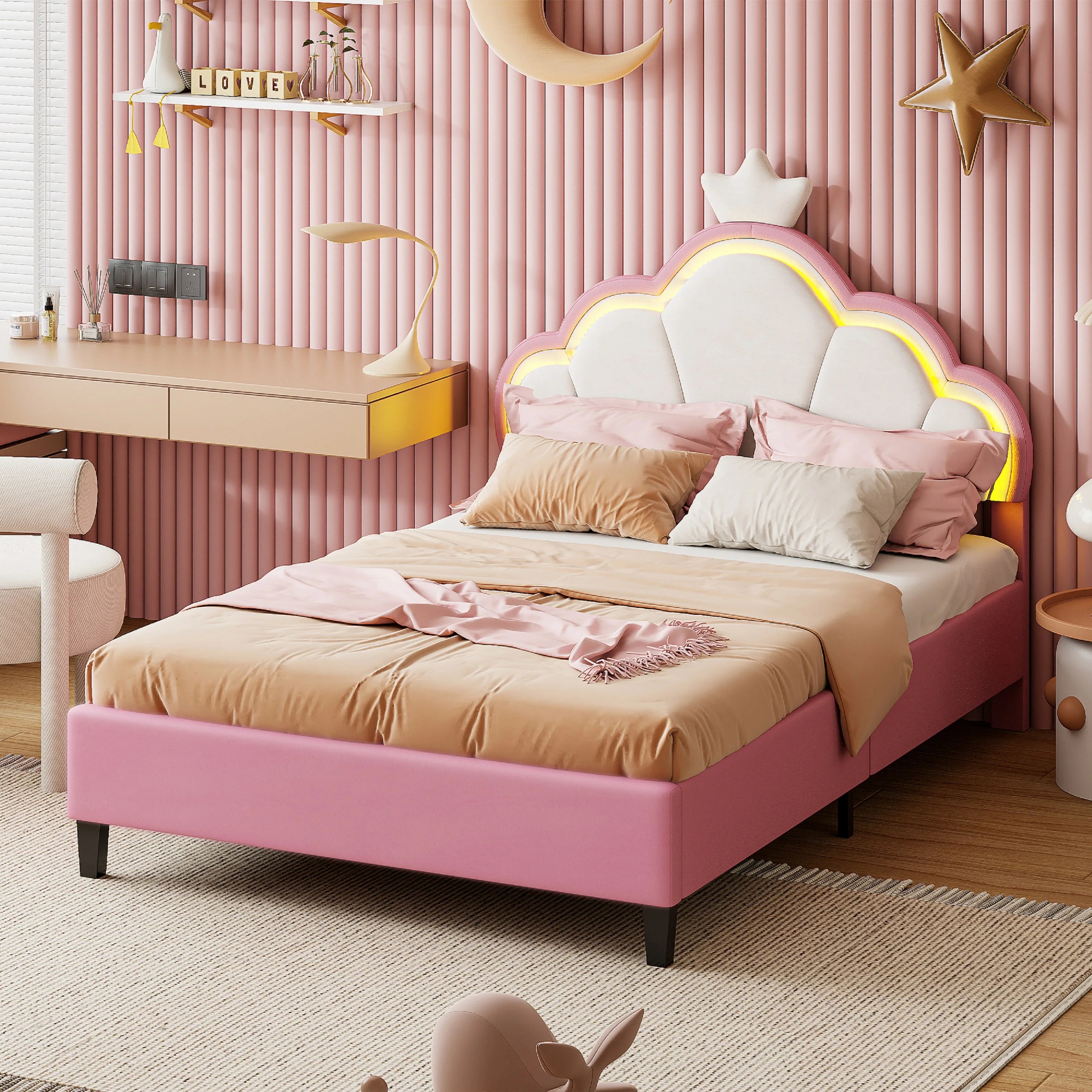 Children's bed 90x200 cm, Princess Crown-shaped bed with Adjustable bed Head, Girl bed with LED, Single bed, Pink