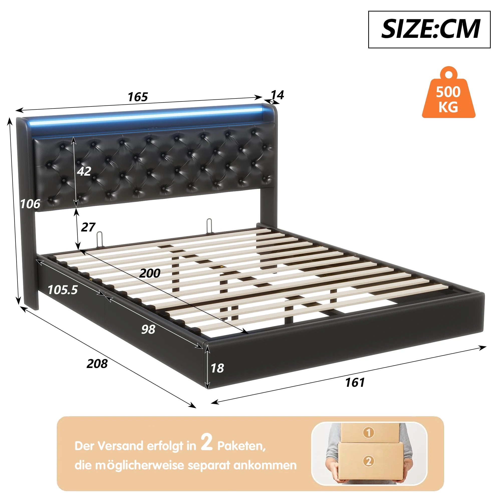 Floating Bed 160x200 cm Upholstered Bed Frame with Storage Box, Double Bed with LED Lights and Charging Station, Hydraulic Lift Storage Bed with Slats, Headboard Storage Shelves, PU Leather Black Platform Bed No Mattre