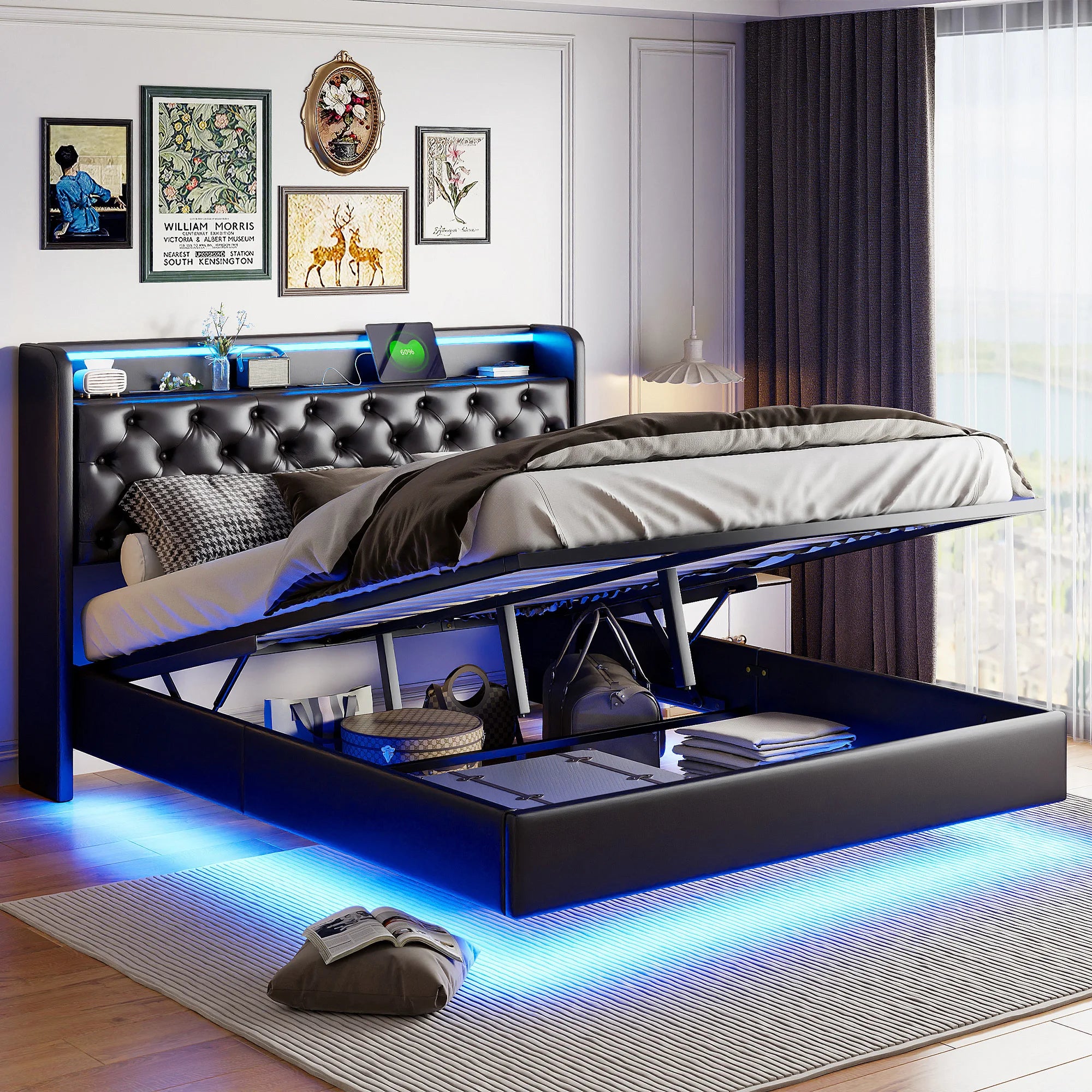 Floating Bed 160x200 cm Upholstered Bed Frame with Storage Box, Double Bed with LED Lights and Charging Station, Hydraulic Lift Storage Bed with Slats, Headboard Storage Shelves, PU Leather Black Platform Bed No Mattre