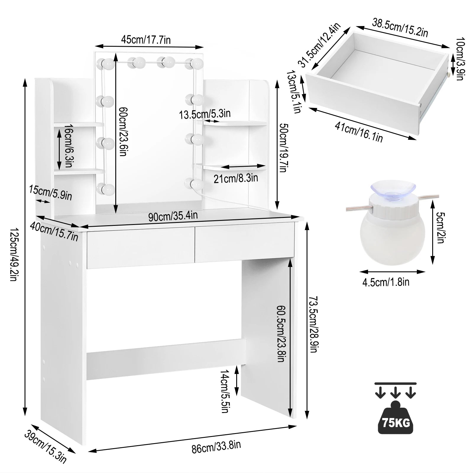 Dresser Dressing Table with LED Mirror 2 Drawers 4 Storage Shelves 90x40x125cm Girls Women Makeup Table Bedroom Vanity Table