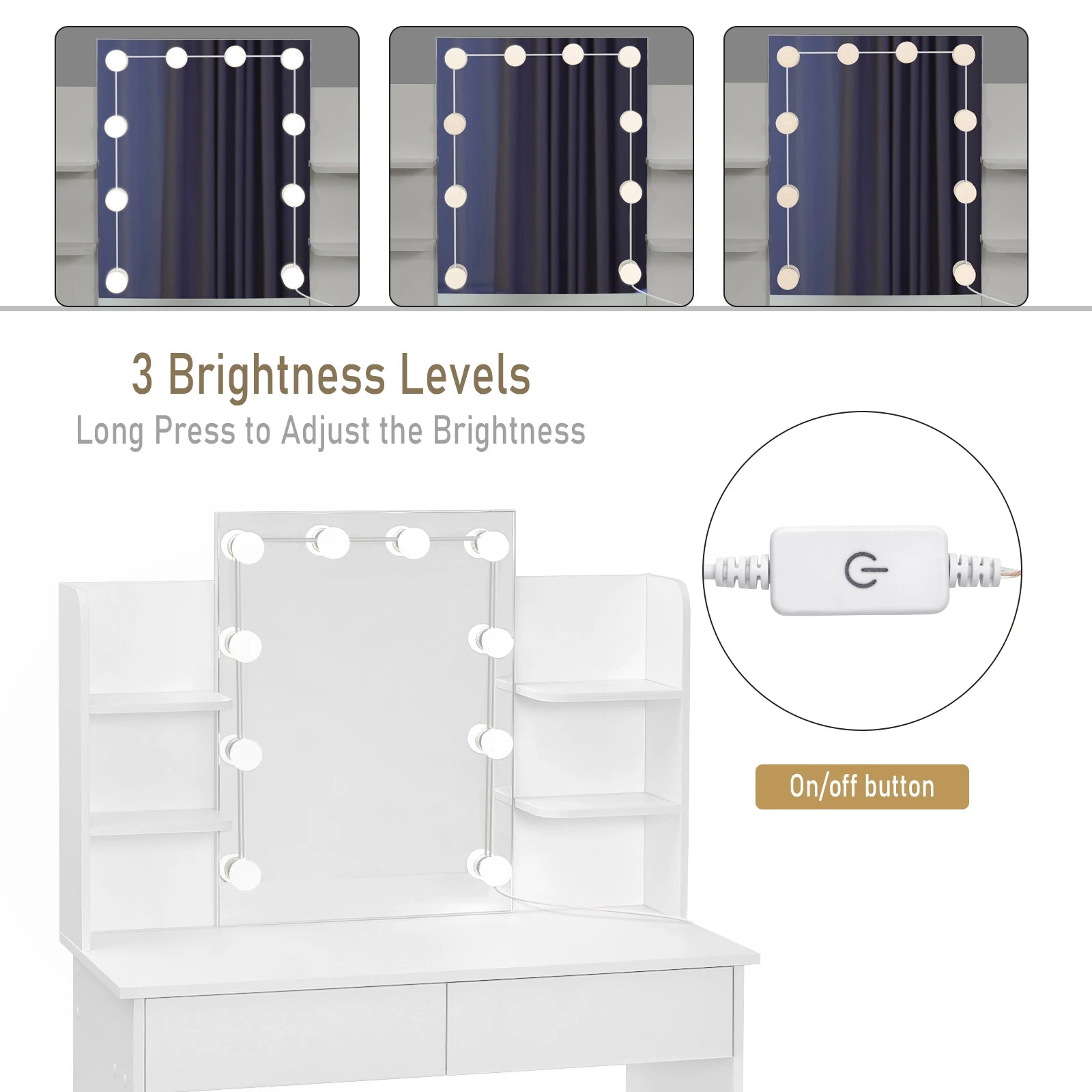 Dresser Dressing Table with LED Mirror 2 Drawers 4 Storage Shelves 90x40x125cm Girls Women Makeup Table Bedroom Vanity Table