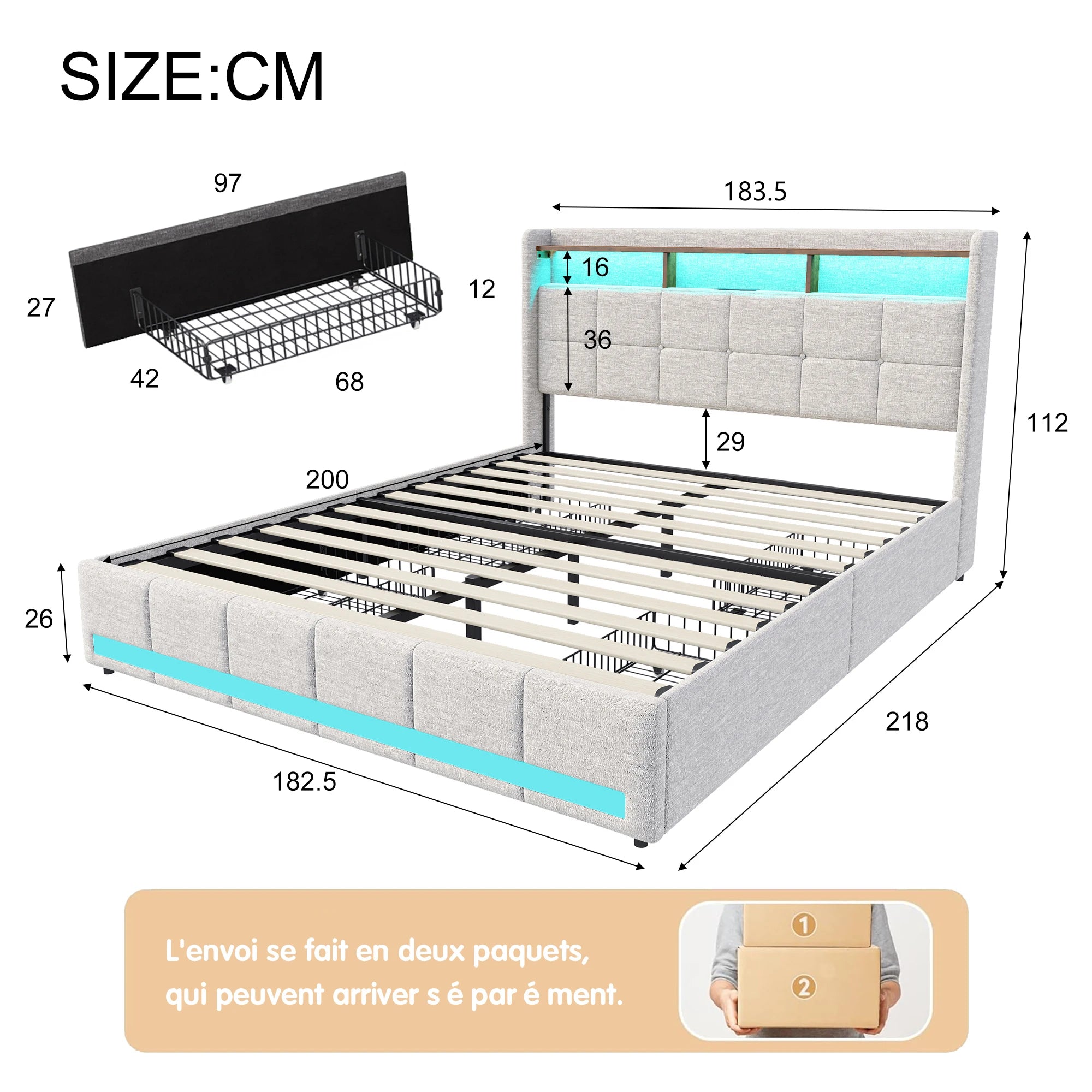 Double bed with led Storage, padded bed with padded headboard with trunk trunk trunk with 4 drawers