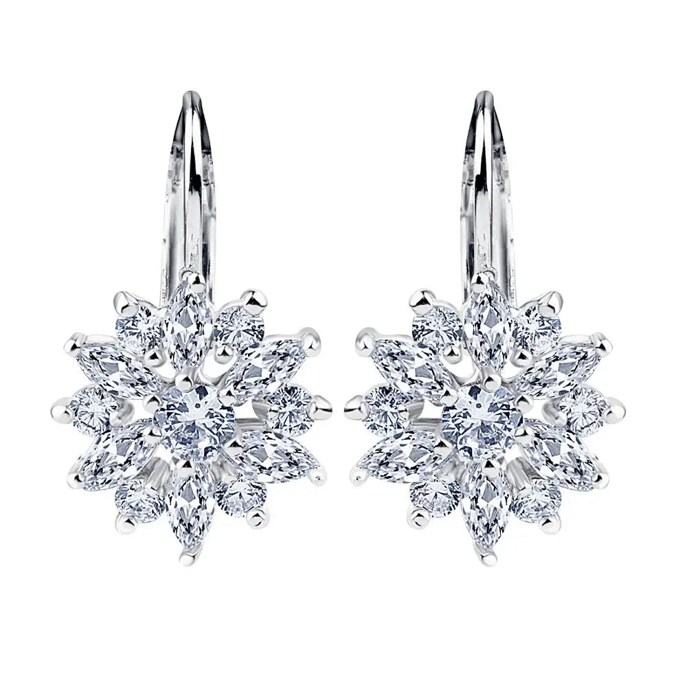 BAMOER 3 Colors Luxury Gold Color Flower Stud Earrings with Zircon Stone Women Birthday Gift Bijouterie JIE014
