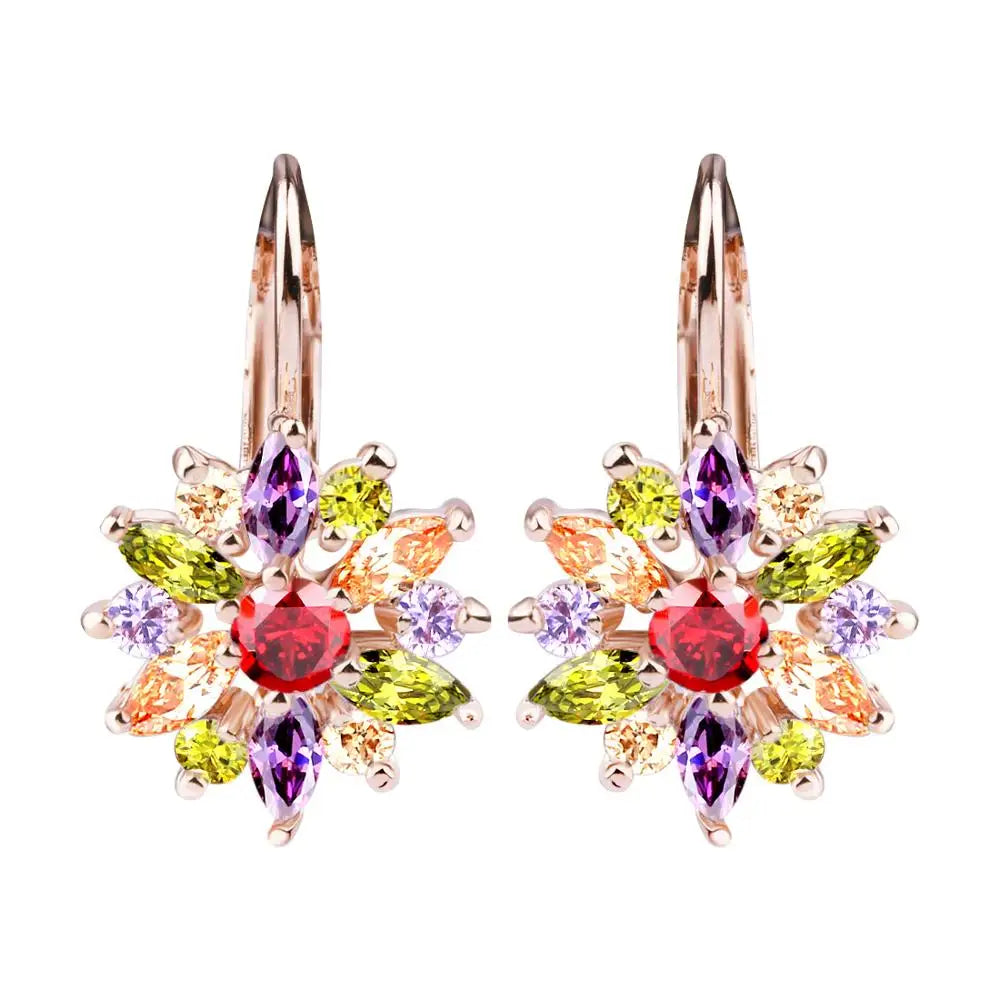 BAMOER 3 Colors Luxury Gold Color Flower Stud Earrings with Zircon Stone Women Birthday Gift Bijouterie JIE014