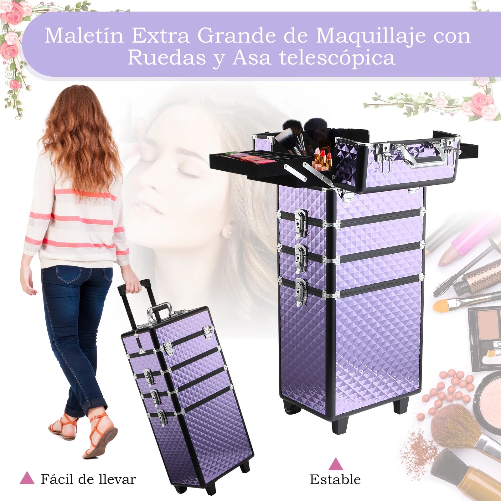 Homcom Professional Makeup Case with Handle and Wheels Different Levels