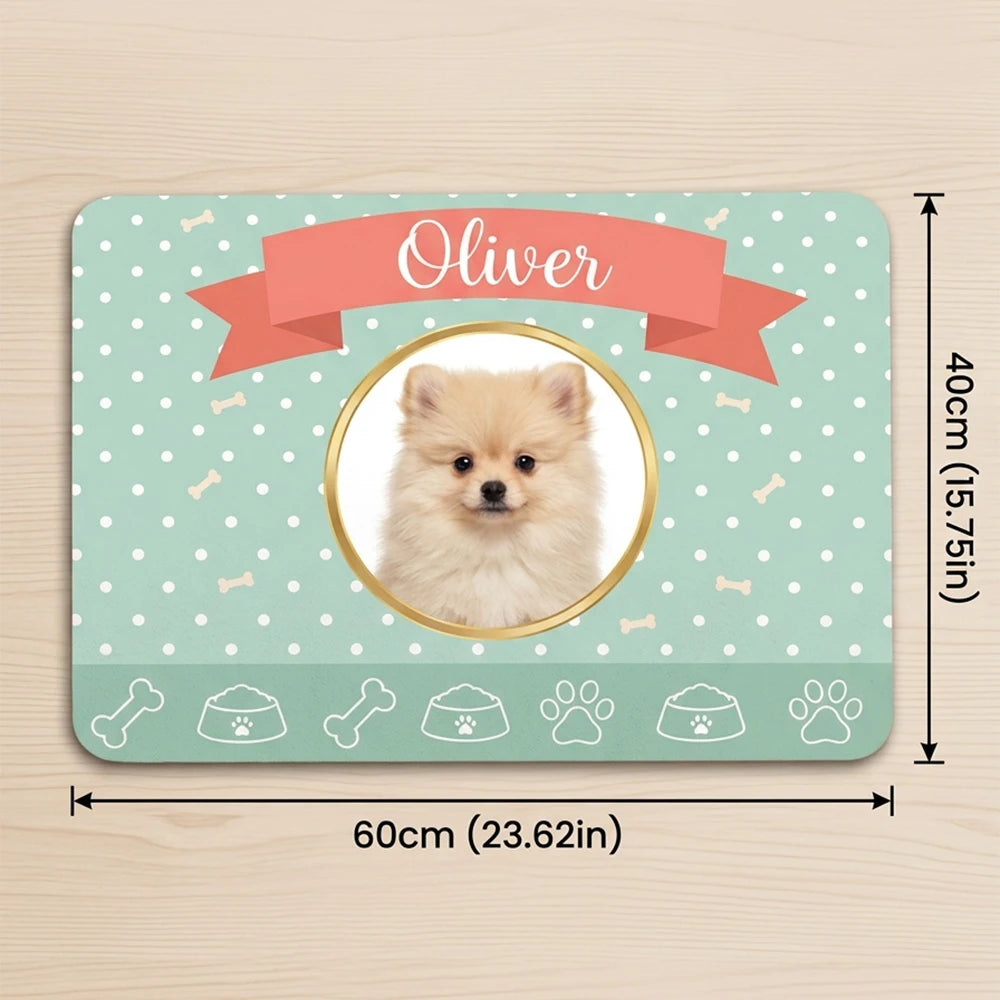 Custom Mint Polka Dot Pet Feeding Mat with Photo & Name,Non-slip Easy Clean,Puppy Training Mat,Home Decoration,Pet Memorial