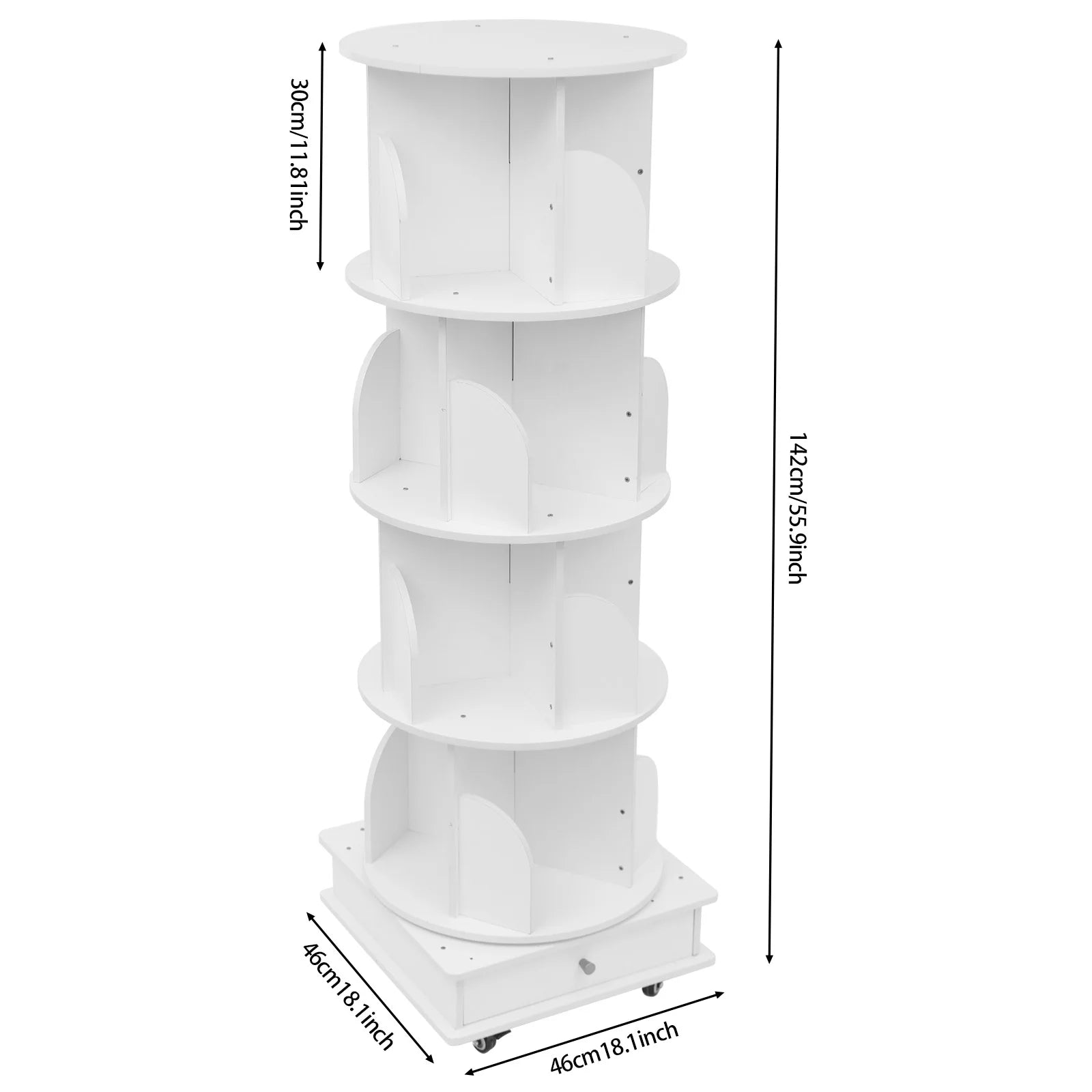 142cm Rotating Solid Wood Bookshelf with Drawer Multi-tier Bookshelf on Wheels 80-100 Books Capacity for Livingroom Balcony