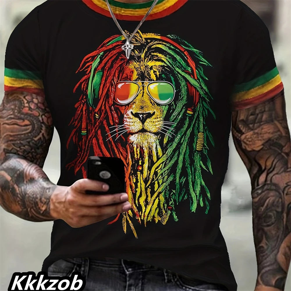 Mens Lion Print Short Sleeve Crew Neck T-Shirt Soft Breathable Casual Wear Outdoor Activities Summer Essential Clothing Tshirts