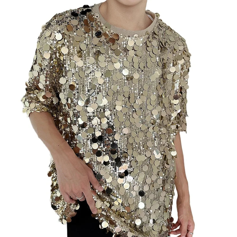 Sequin Short Sleeve T-shirts Men Streetwear Fashion Show Party Clothing Couple Unisex Tshirts Women Summer Tops Tees Shirts
