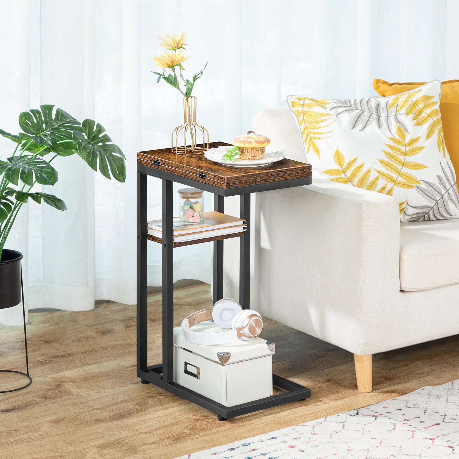 C Shaped Side Table, Foldable Sofa Side Table, Bedside Snack Table Laptop Holder Table for Sofa, Small Spaces Small Coffee Table