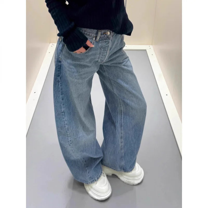 Women Jeans Spliced Straight Pants Jean Denim Washed Full Length Pants Loose Pockets High Waist Zipper Fly Distressed Basics
