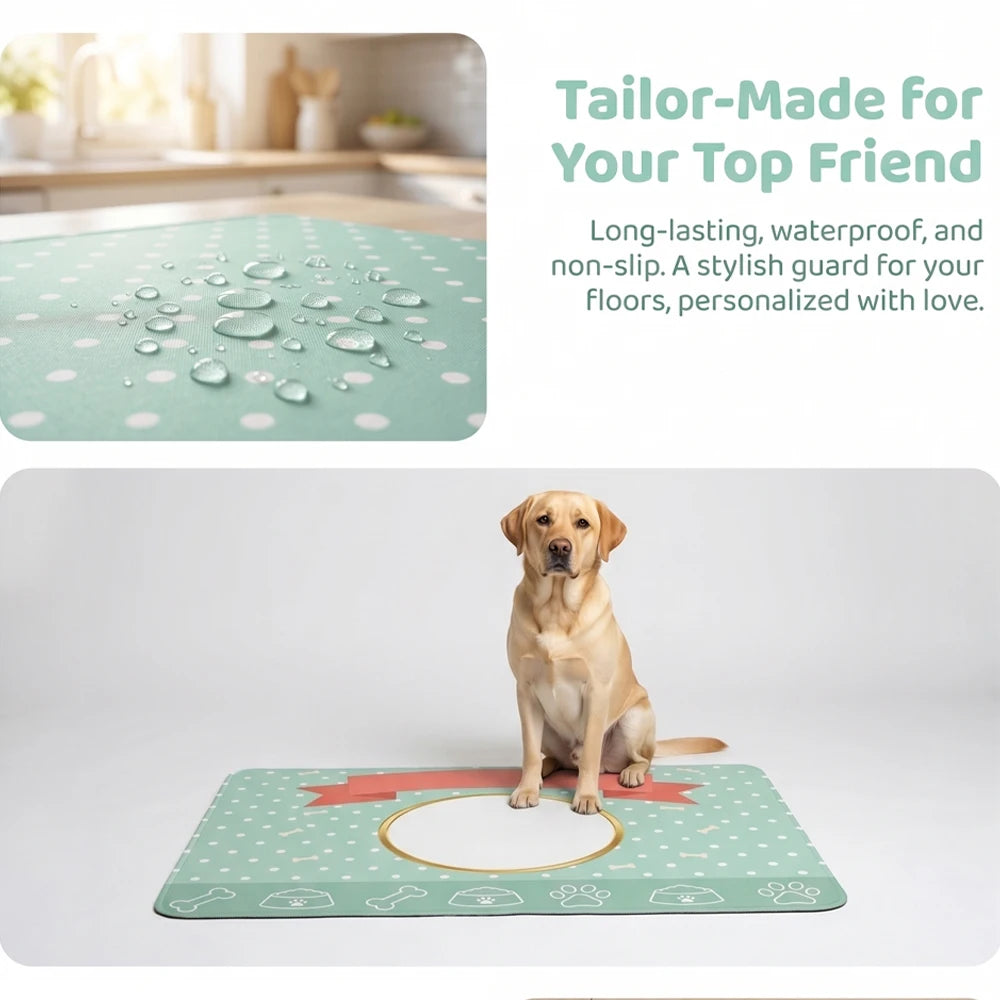Custom Mint Polka Dot Pet Feeding Mat with Photo & Name,Non-slip Easy Clean,Puppy Training Mat,Home Decoration,Pet Memorial
