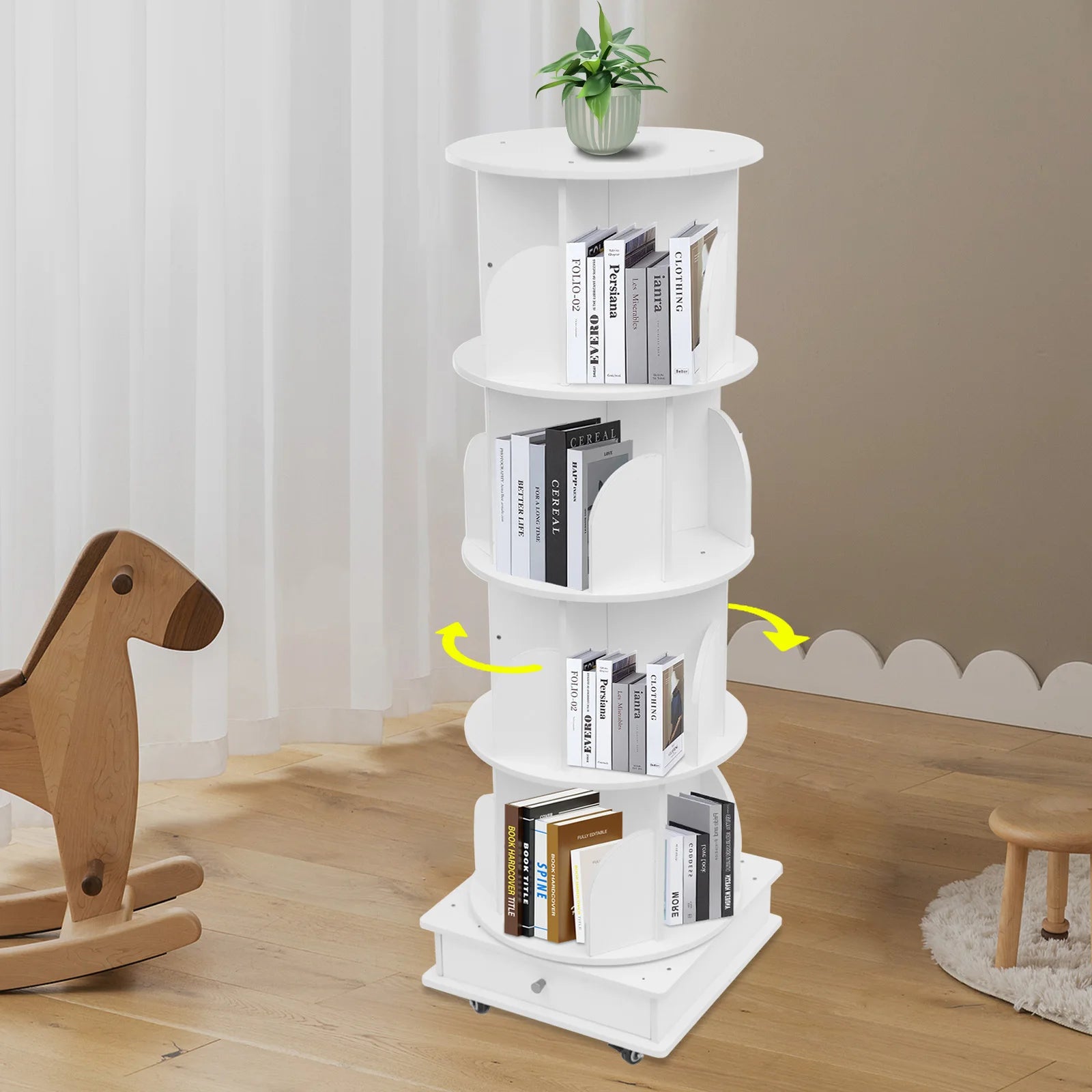 142cm Rotating Solid Wood Bookshelf with Drawer Multi-tier Bookshelf on Wheels 80-100 Books Capacity for Livingroom Balcony