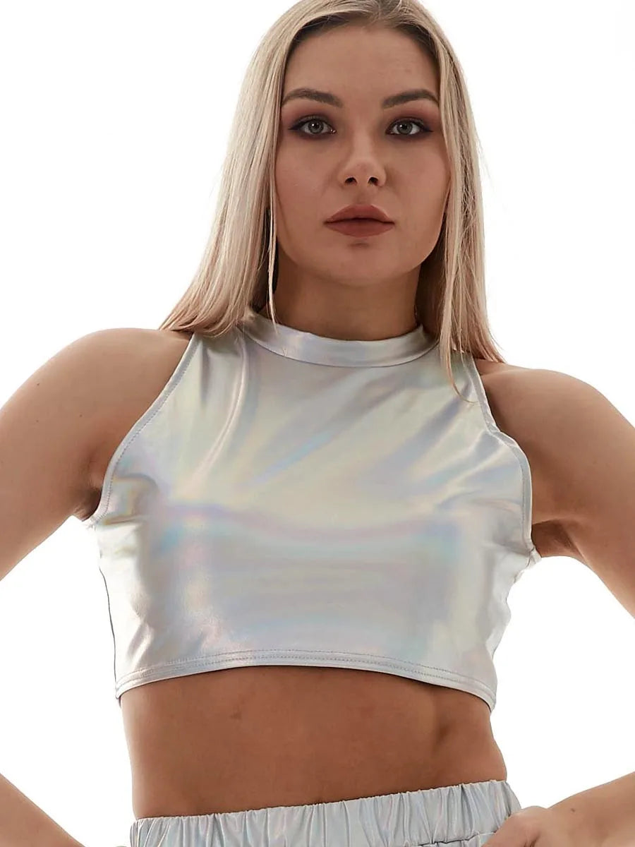 Sexy Shiny Sleeveless Turtleneck Cami Vest Women High Street Holographic Tank Tops Summer Punk Metallic Crop Top Rave Clubwear