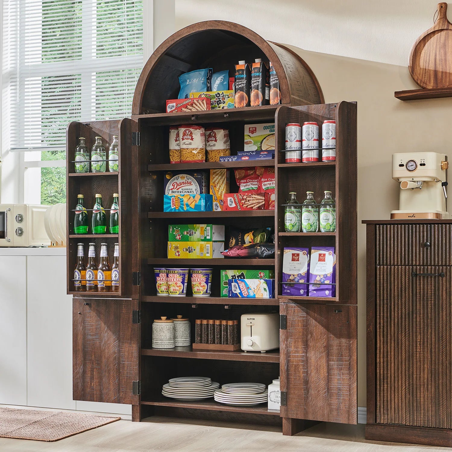 71"Tall Arched Kitchen Pantry, Fluted Wood Cabinet, Storage Organization Cabinet,Suitable for Kitchen,Living Room,Brown