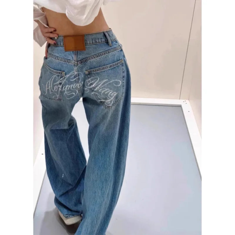 Women Jeans Spliced Straight Pants Jean Denim Washed Full Length Pants Loose Pockets High Waist Zipper Fly Distressed Basics