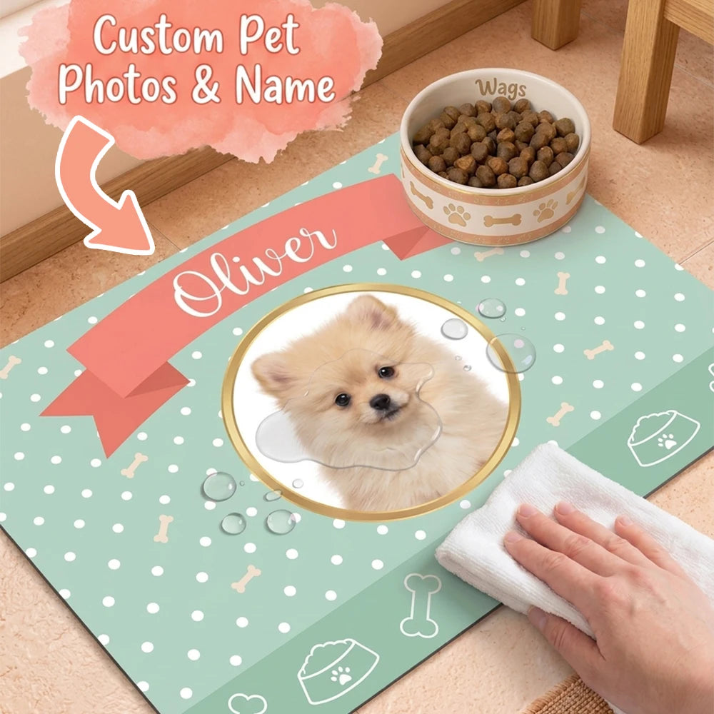 Custom Mint Polka Dot Pet Feeding Mat with Photo & Name,Non-slip Easy Clean,Puppy Training Mat,Home Decoration,Pet Memorial