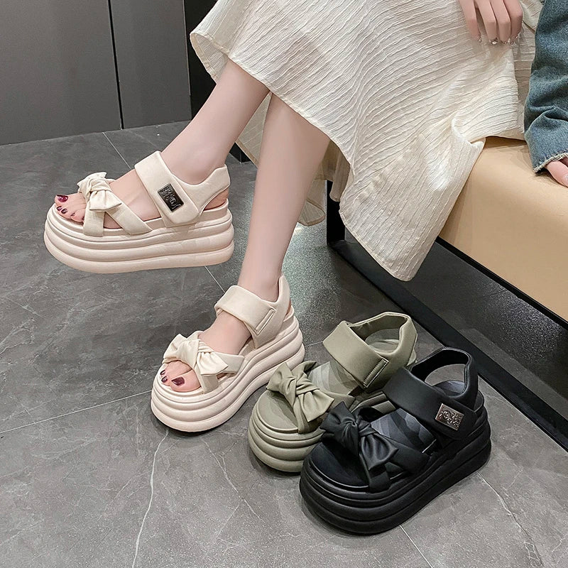 High Platform Sandals Women 2025 Summer Breathable 8CM High Heels Ladies Leather Sneakers Wedges Chunky Slippers Sandalias Mujer