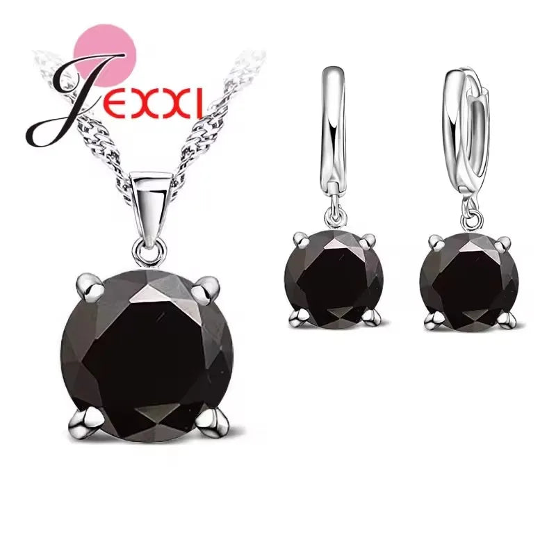 925 Sterling Silver Jewelry Sets 4 Claws Cubic Zirconia CZ Pendant Necklace Earring Fashion Jewelry For Women SET