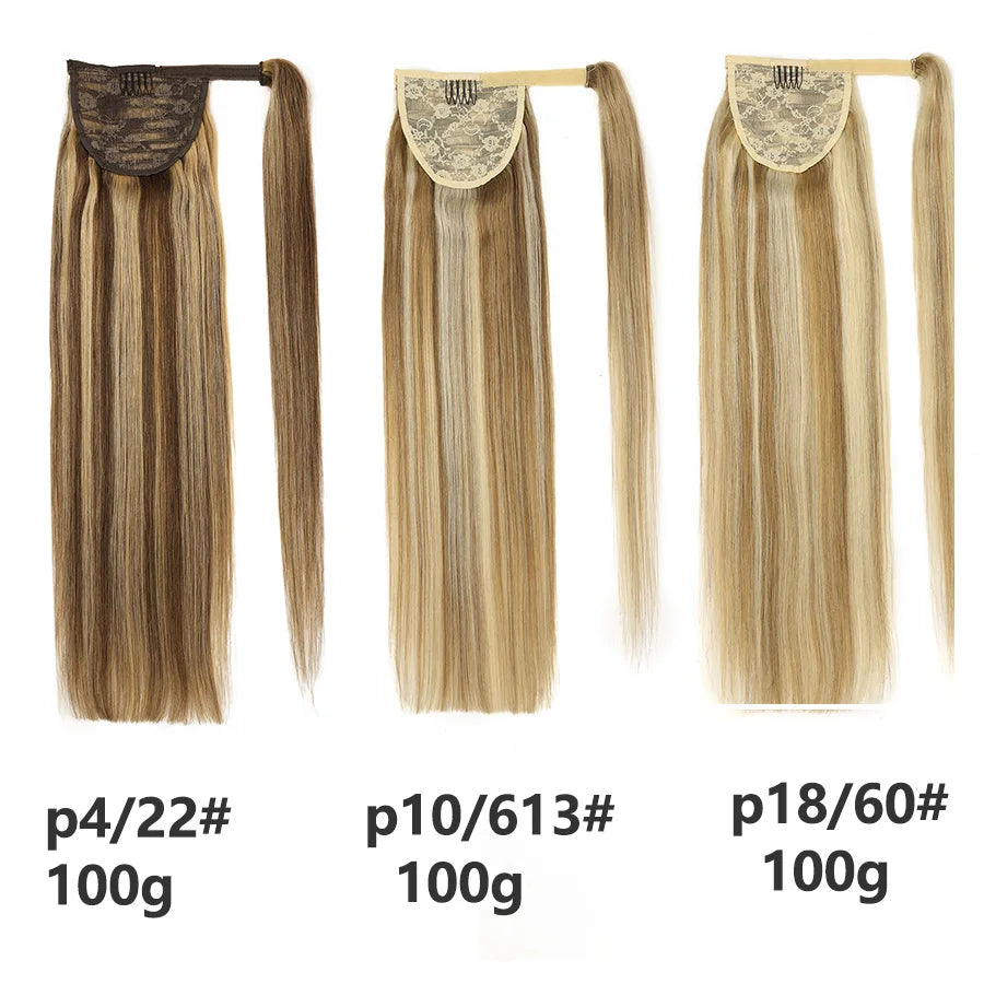 100% Human Hair Ponytail European Straight 120gram Wrap Around Clip In Pony Tail Machine Remy Hair 12-26 Inches For  Salon