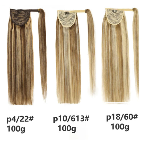 100% Human Hair Ponytail European Straight 120gram Wrap Around Clip In Pony Tail Machine Remy Hair 12-26 Inches For  Salon