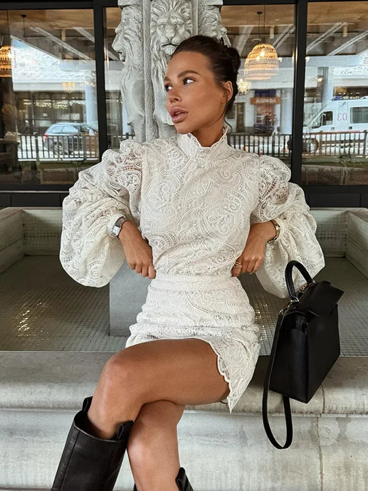 Lady Elegant Hollow Out Lace Short Dresses Trendy Long Sleeve High Neck Mini Vestidos 2025 New Chic Autumn Night Club Gown