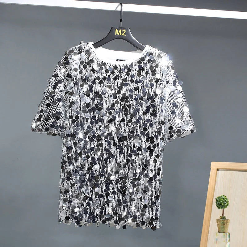 Sequin Short Sleeve T-shirts Men Streetwear Fashion Show Party Clothing Couple Unisex Tshirts Women Summer Tops Tees Shirts