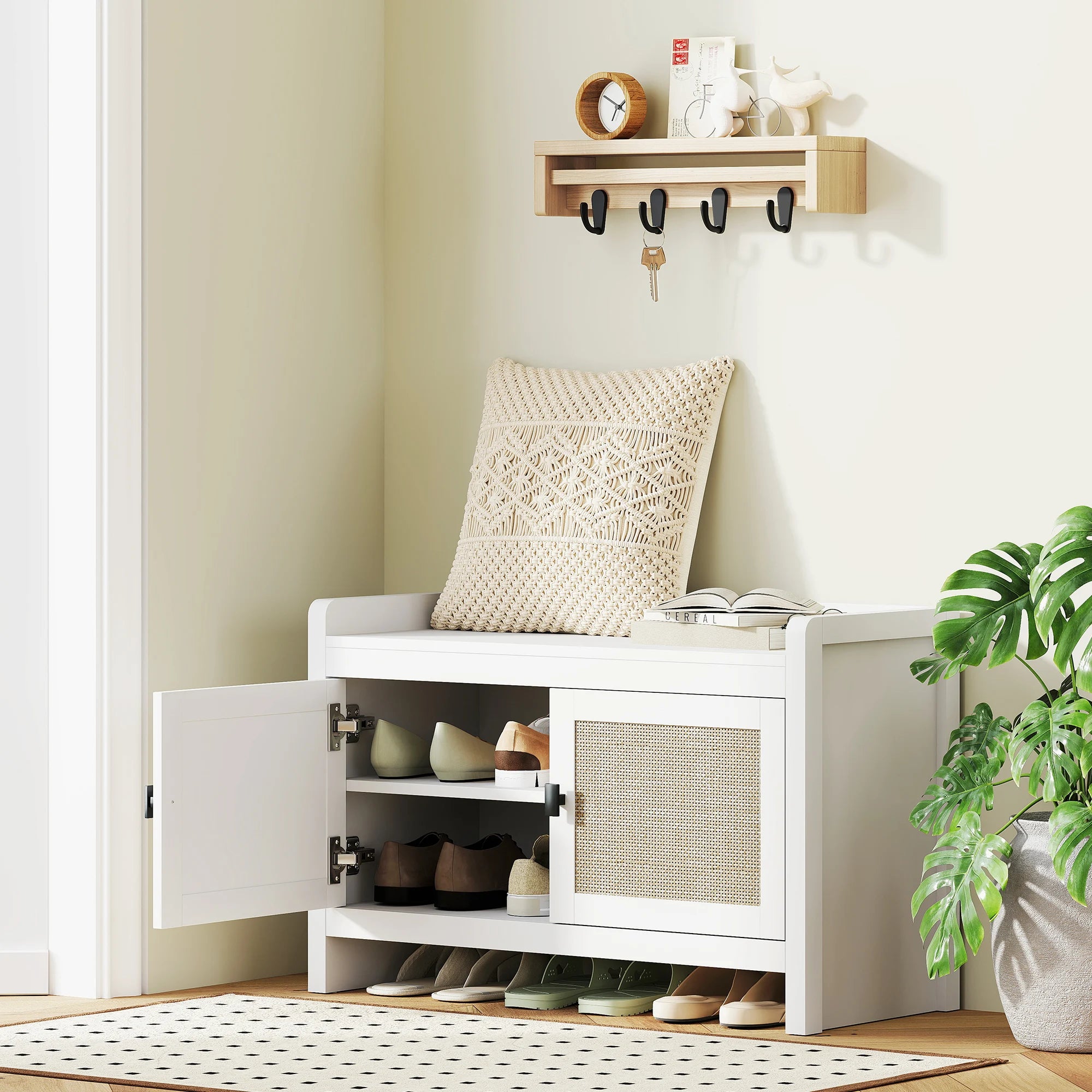 Homcom Shoe Bench with Rattan Front Doors Removable Shelf for Entryway or Bedroom 80X35X52 cm White and Beige